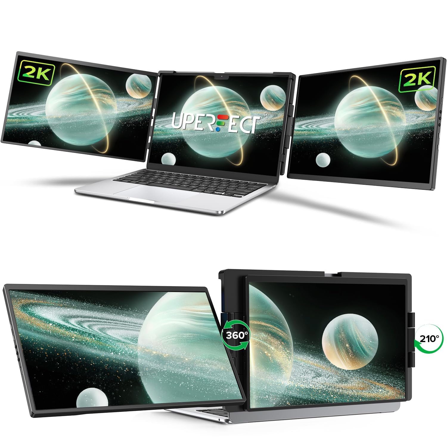 محصول UPERFECT Laptop Screen Extender، 2K 14" با زوایای 360 درجه و بارزترین گریزجلویی منحصر به فرد، سه مانیتور با زوایای چرخش، صفحه نمایش 2240x1400 QHD IPS قابل حمل برای لپتاپ‌های 13.3"-17.3''، قابلیت اتصال و استفاده آسان با سیستم‌عامل‌های Mac، Wins، Android