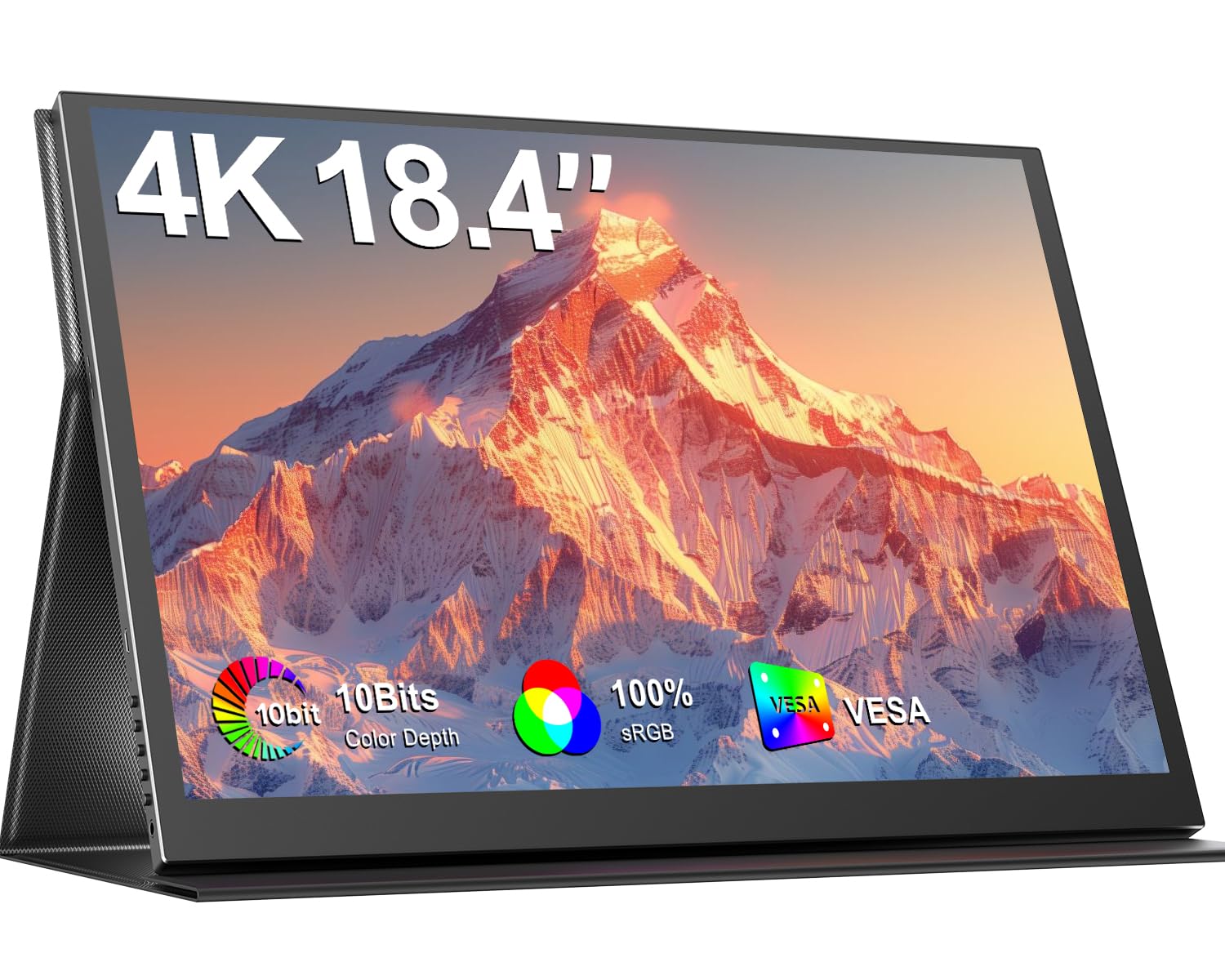 مانیتور قابل حمل 18.4 اینچی 4K UHD، نمایشگر IPS با HDR، رنگ 10 بیتی، قابل نصب روی براکت VESA، دارای درگاه‌های USB-C و Mini HDMI، به‌همراه کاور چرمی، مناسب برای سفر، بازی و استفاده اداری؛ رزولوشن 4K و نرخ تازه‌سازی 60 هرتز.