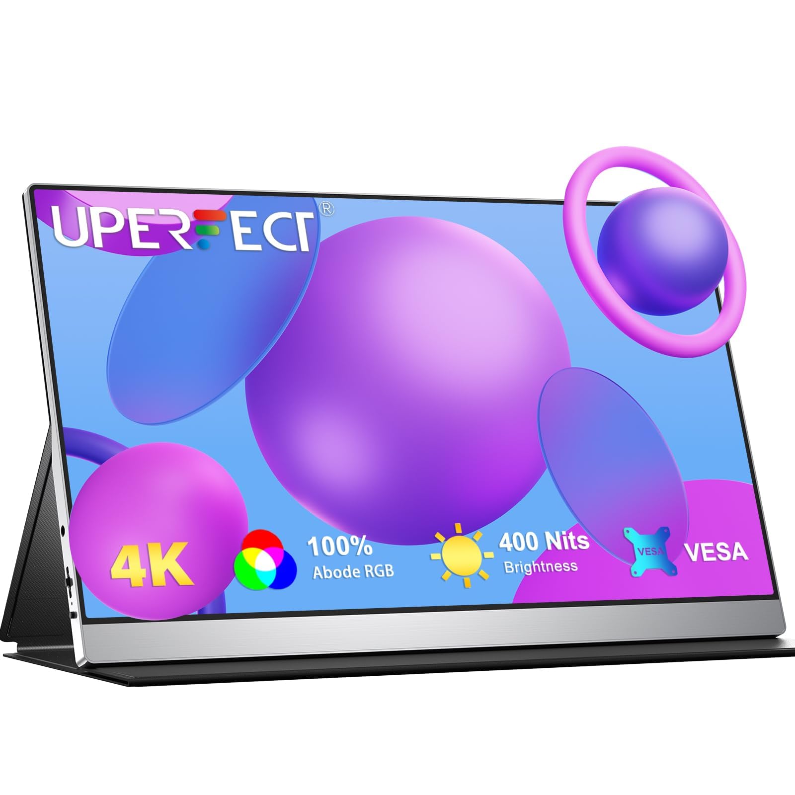 مانیتور قابل حمل UPERFECT 4K، 15.6 اینچ نقره ای 3840x2160 UHD HDR با پورت USB-C، 100٪ AdobeRGB، روشنایی 400cd/مترمربع، صفحه نمایش IPS با FreeSync و بلندگو برای سفر به عنوان صفحه اضافی برای لپ تاپ، پورت Type-C HDMI، قاب آویزی VESA و کیس هوشمند 15.6 اینچ 4K