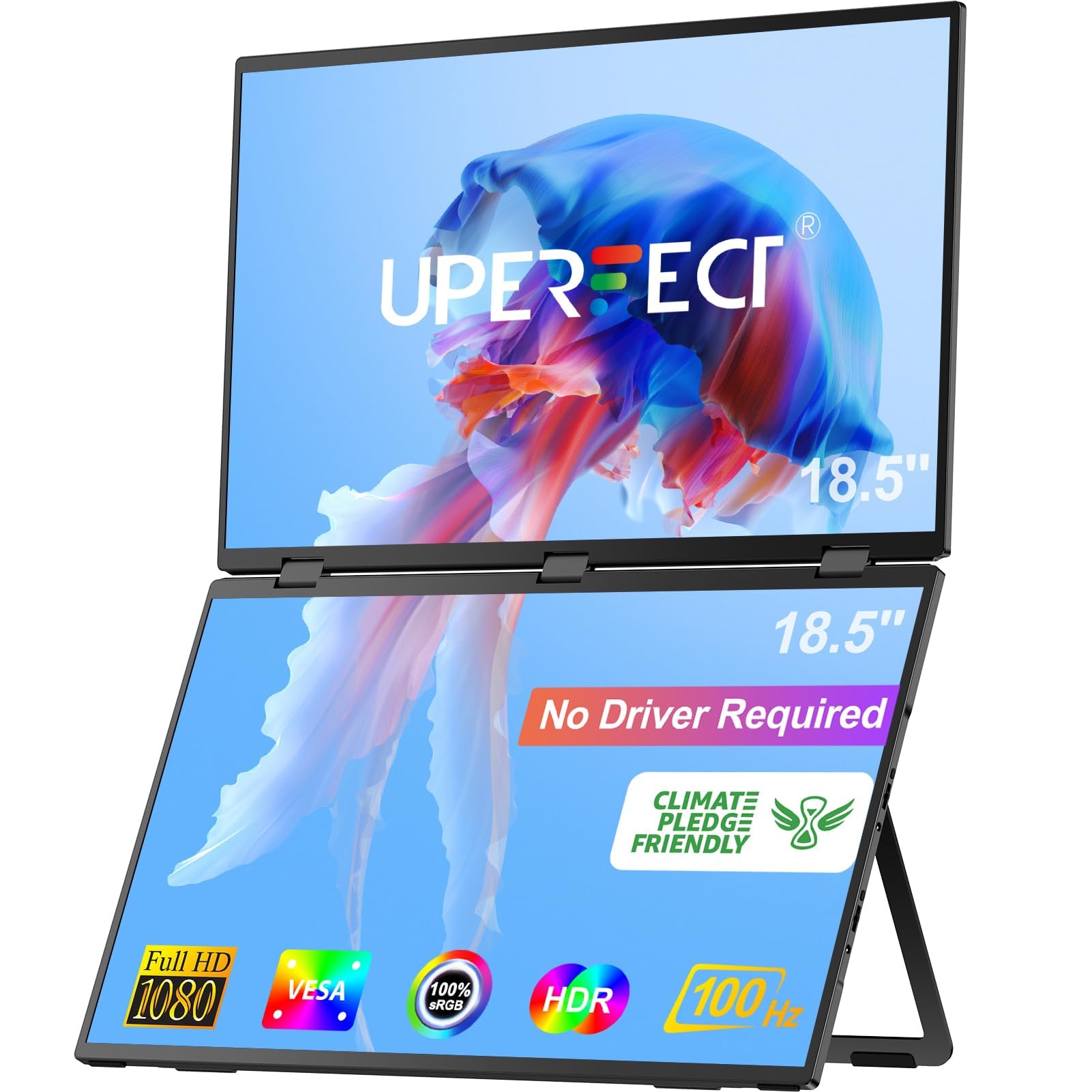 UPERFECT دلتا 18.5 اینچ 100 هرتز دو مانیتور قابل حمل برای افزایش صفحه نمایش لپ‌تاپ 1080P HDR 360° تاشو سه گانه با استند و VESA برای لپ‌تاپ، کامپیوتر شخصی، تلفن همراه و کنسول بازی (بدون نیاز به درایور) 18.5 اینچ 1080P 100 هرتز