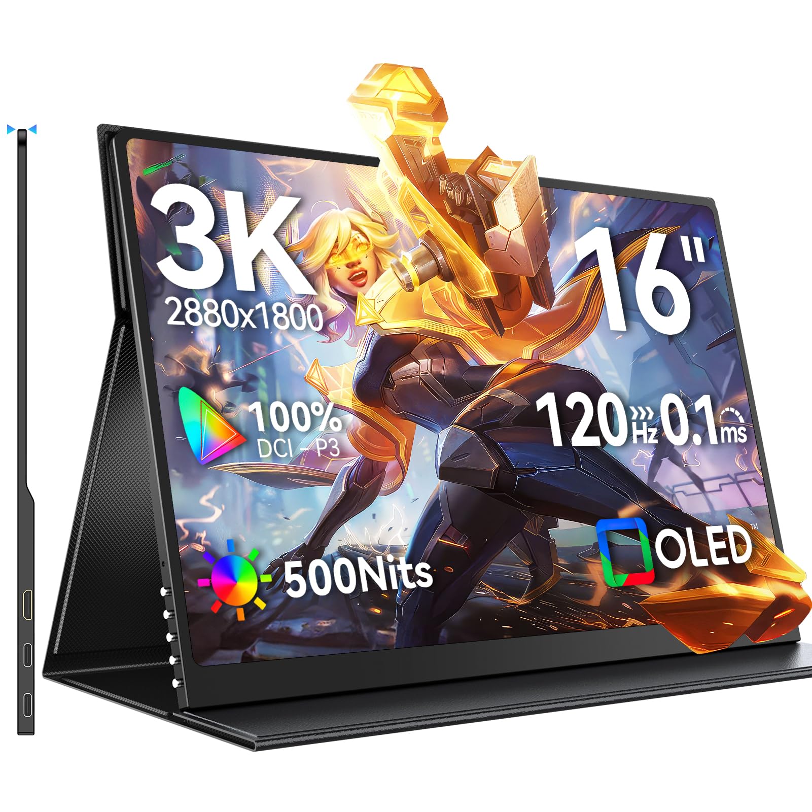 مانیتور قابل حمل UPERFECT OLED 16 اینچ، 3K 2880x1800 | 120Hz | 1ms مانیتور قابل حمل بازی، 500 نیت |100% DCI-P3 | 10-بیت | 100000:1 تضاد | طراحی فوق‌العاده نازک برای لپتاپ، مینی کامپیوتر، تلفن همراه و کنسول‌های بازی 3K OLED