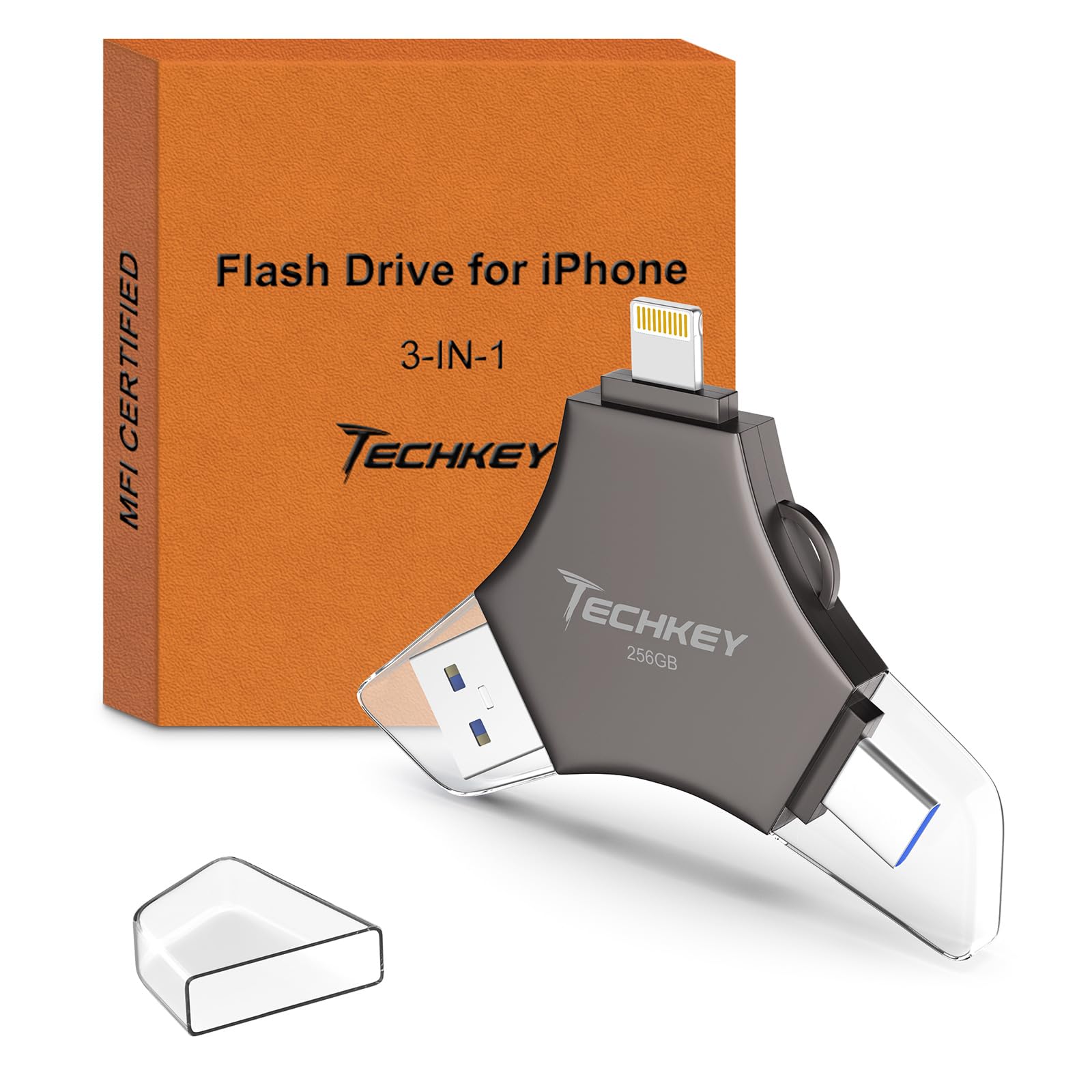 فلش درایو USB 3.0 مجهز به MFi با ظرفیت 256 گیگابایت برای آیفون، حافظه خارجی 3 در 1 برای نگهداری عکس‌ها، دستگاه ذخیره‌سازی برای عکس/ویدیو/داده، سرعت بالا برای استفاده در آیپد/اندروید/کامپیوتر شخصی (مشکی) 256 گیگابایت مشکی