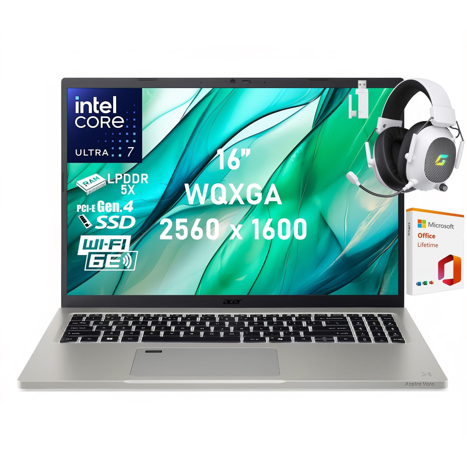 لپتاپ هوش مصنوعی 16 اینچ ایسر، صفحه نمایش 16 اینچی WQXGA، پردازنده اینتل Core Ultra 7 155U، 16 گیگابایت RAM LPDDR5X، 512 گیگابایت SSD PCIe 4.0، وبکم QHD، WiFi 6E، همراه با هدست بی‌سیم 2.4 گیگاهرتزی و آفیس مادام‌العمر 2019، ویندوز ۱۱ هوم 16 گیگابایت RAM | 512 گیگابایت SSD ویندوز ۱۱ هوم