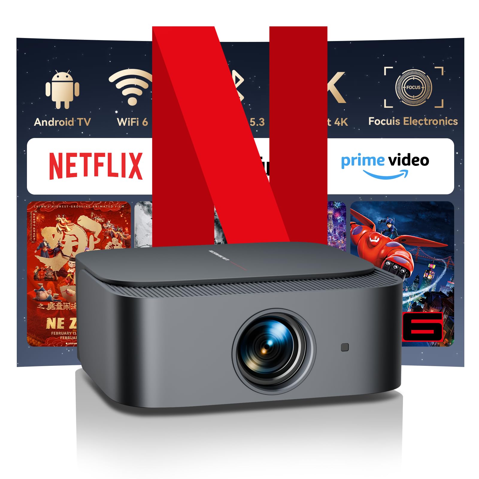 رسمی نتفلیکس، پروژکتور الکترونیکی فوکوس 4K 1080P نیتیو فول اچ‌دی 25000 لومن هوم سینما، وای‌فای بلوتوث آندروید پروژکتور ویدئویی با یوتیوب/ویدئوی پرایم E1