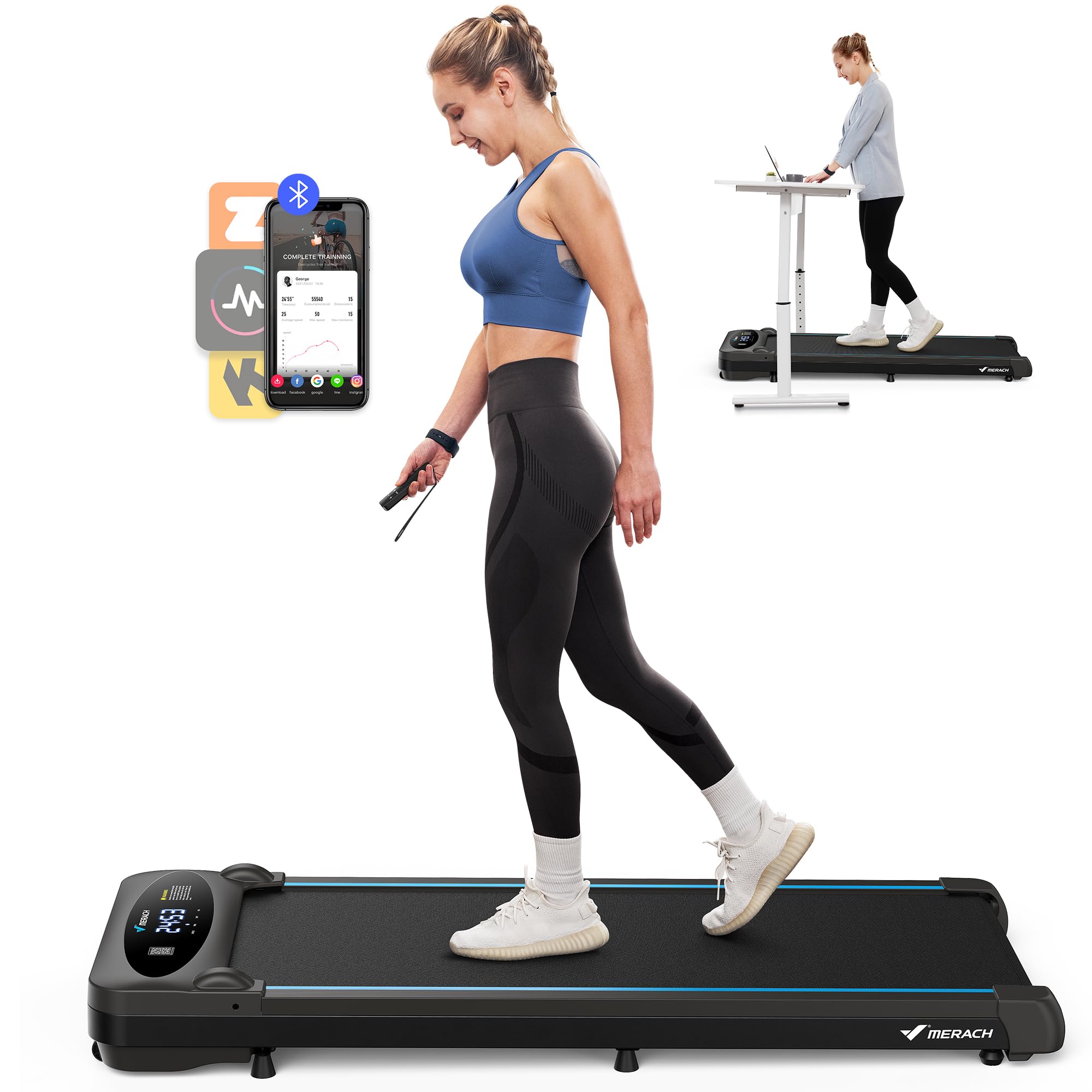 ماشین پیاده روی MERACH Walking Pad زیر میز تردمیل Treadmill میز ورزشی راه راه زیر میز Treadmills برای خانه قابل تاشیدن، ماشین پیاده روی Portable Walk Pad با سرعت 3.8 مایل در ساعت و سطح صدا 40 دسی‌بل، 4 در 1 ماشین پیاده روی قابل تاشیدن با کنترل، اپلیکیشن مشکی