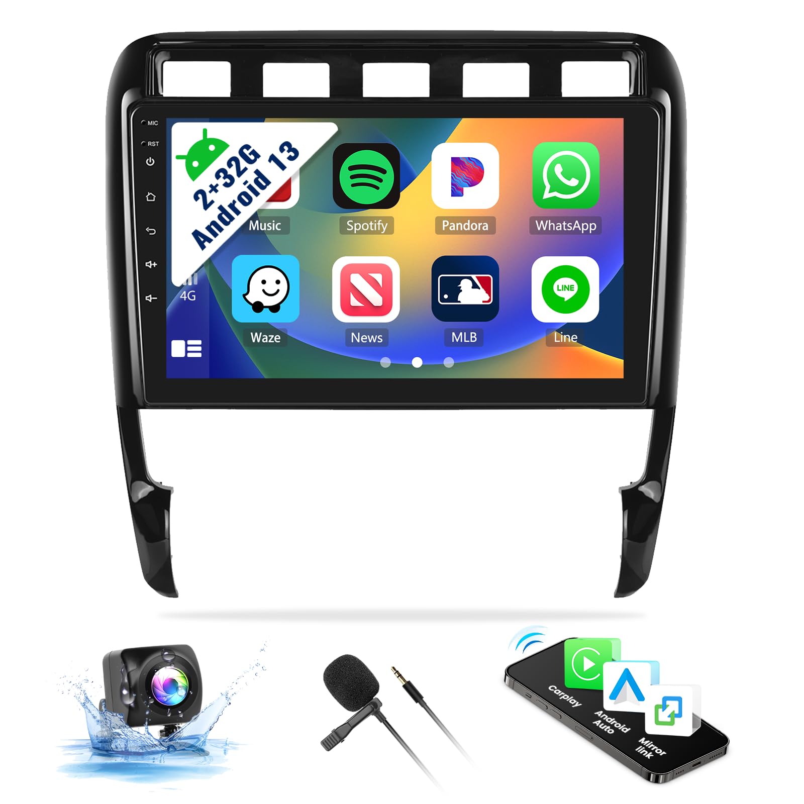 2G+64G سیستم صوتی اندروید برای پورشه کاین 2003-2010 با قابلیت وایرلس Carplay اندروید اتو آینه‌ای لینک 9 اینچ تاچ اسکرین با ناوبری GPS وایفای بلوتوث ف ام دوربین عقب مایکروفون P1-2G+64G