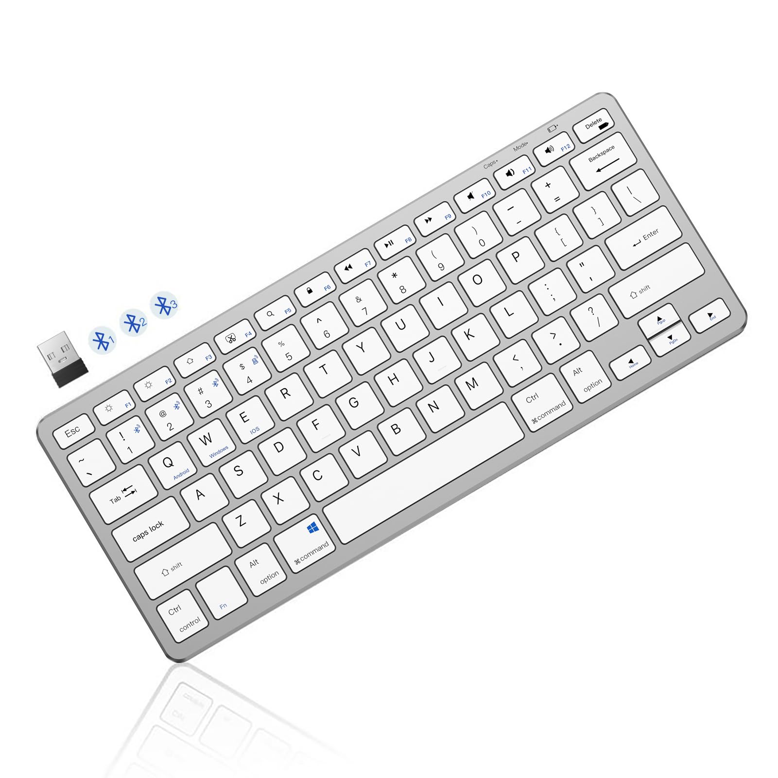 کیبورد بی‌سیم XIWMIX، Multi-Device 3 Bluetooth/2.4G، تا 4 دستگاه قابل اتصال، کیبورد قابل حمل شارژی برای آیپد نسل 11/10/9، آیپد پرو/ایر/مینی، تبلت، آیفون، لپ‌تاپ، کامپیوتر شخصی، iOS، آندروید، ویندوز نقره‌ای سفید
