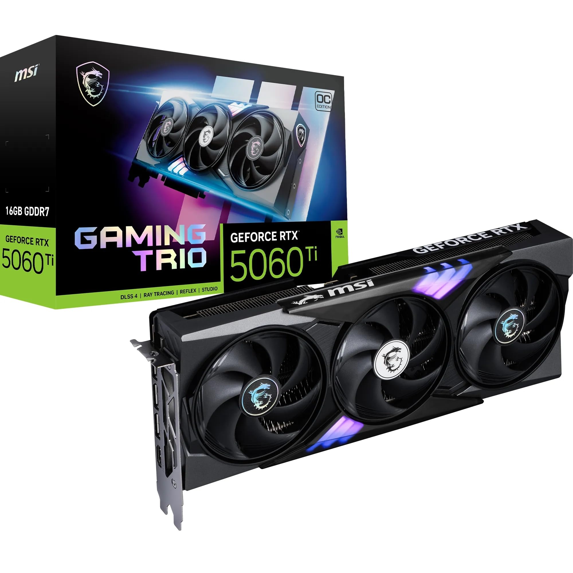 کارت گرافیک MSI GeForce RTX 5060 Ti 16G GAMING TRIO OC - پردازنده گرافیکی RTX 5060 Ti، حافظه 16 گیگابایت GDDR7 (28Gbps/128-bit)، رابط PCIe 5.0 - سیستم خنک‌کننده TRI FROZR 4 (۳ عدد فن STORMFORCE) - نورپردازی RGB - پورت HDMI 2.1b، DisplayPort 2.1b