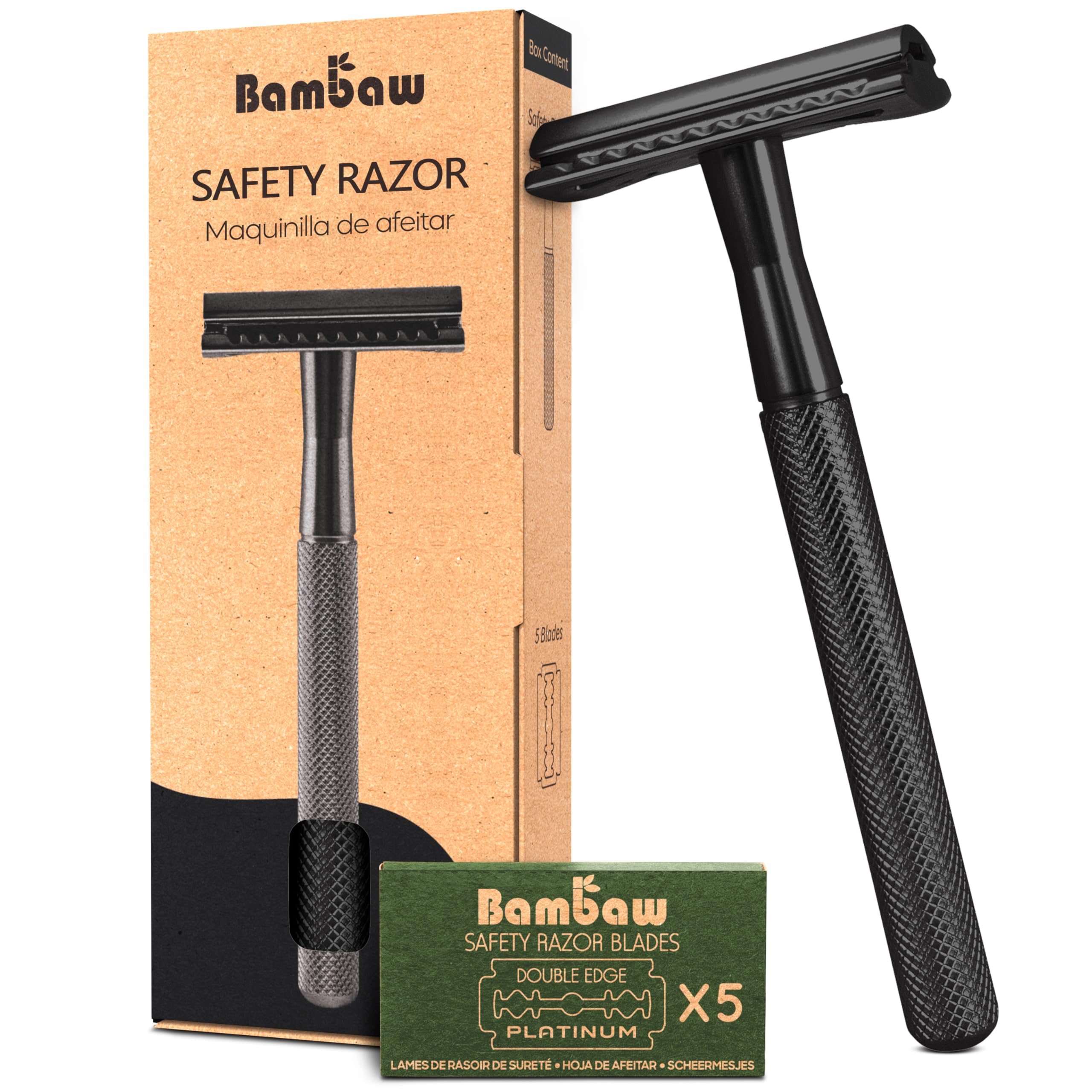 ترجمه: ریش تراش Bambaw Black Metal Safety Razor با 5 تیغ، ریش تراش مردانه، اصلاح دستی بدون زباله، قابل استفاده مجدد، دقیق و پایدار - ریش تراش مشکی