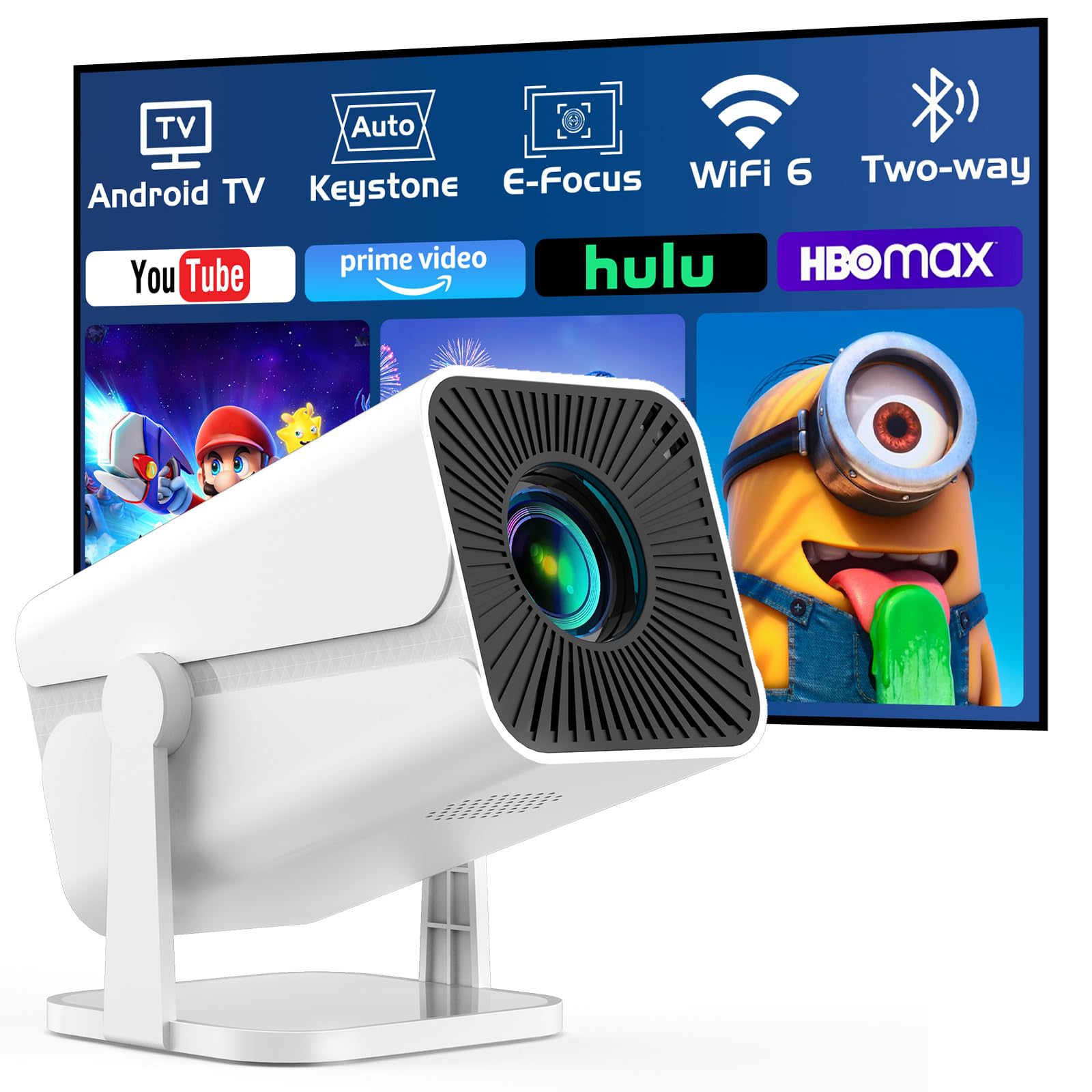 پروژکتور هوشمند Mini با وای فای و بلوتوث، قابلیت چرخش 270 درجه، پخش فیلم قابل حمل 1080P، پشتیبانی از اتو کی‌استون، مناسب برای گوشی هوشمند/ TV Stick/ لپتاپ/ HDMI، سیستم عامل اندروید داخلی و فوکوس الکتریکی
