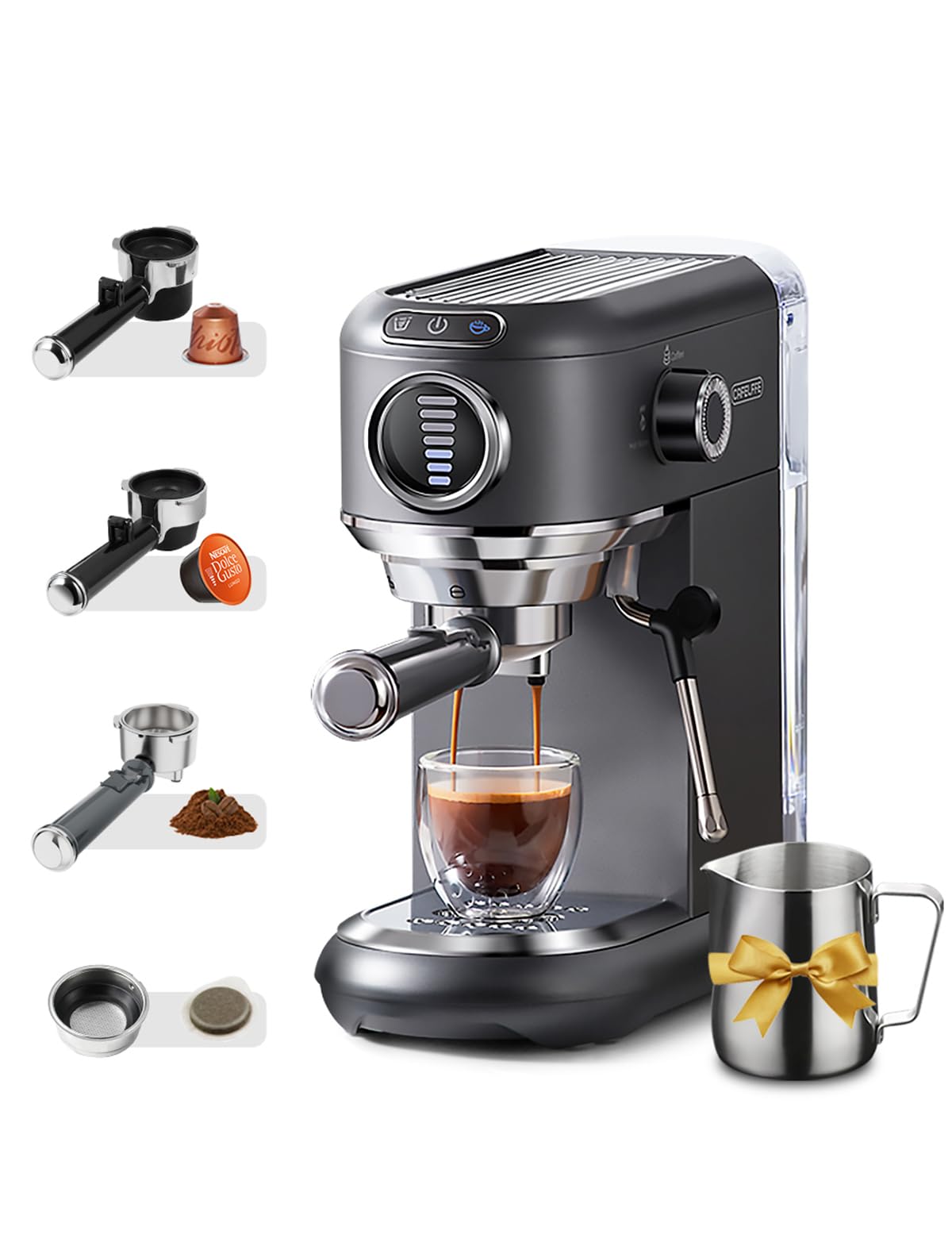 ماشین قهوه ساز کپسولی 4 در 1 Cafelffe MK-601F با فراور شیر و لیوان، قهوه اسپرسو گرم/سرد، ماشین ساز قهوه اسپرسو سازگار با کپسول‌های Nes/DG/Pods/ESE و قهوه زمینی، مناسب برای استفاده در منزل/دفتر، رنگ خاکستری