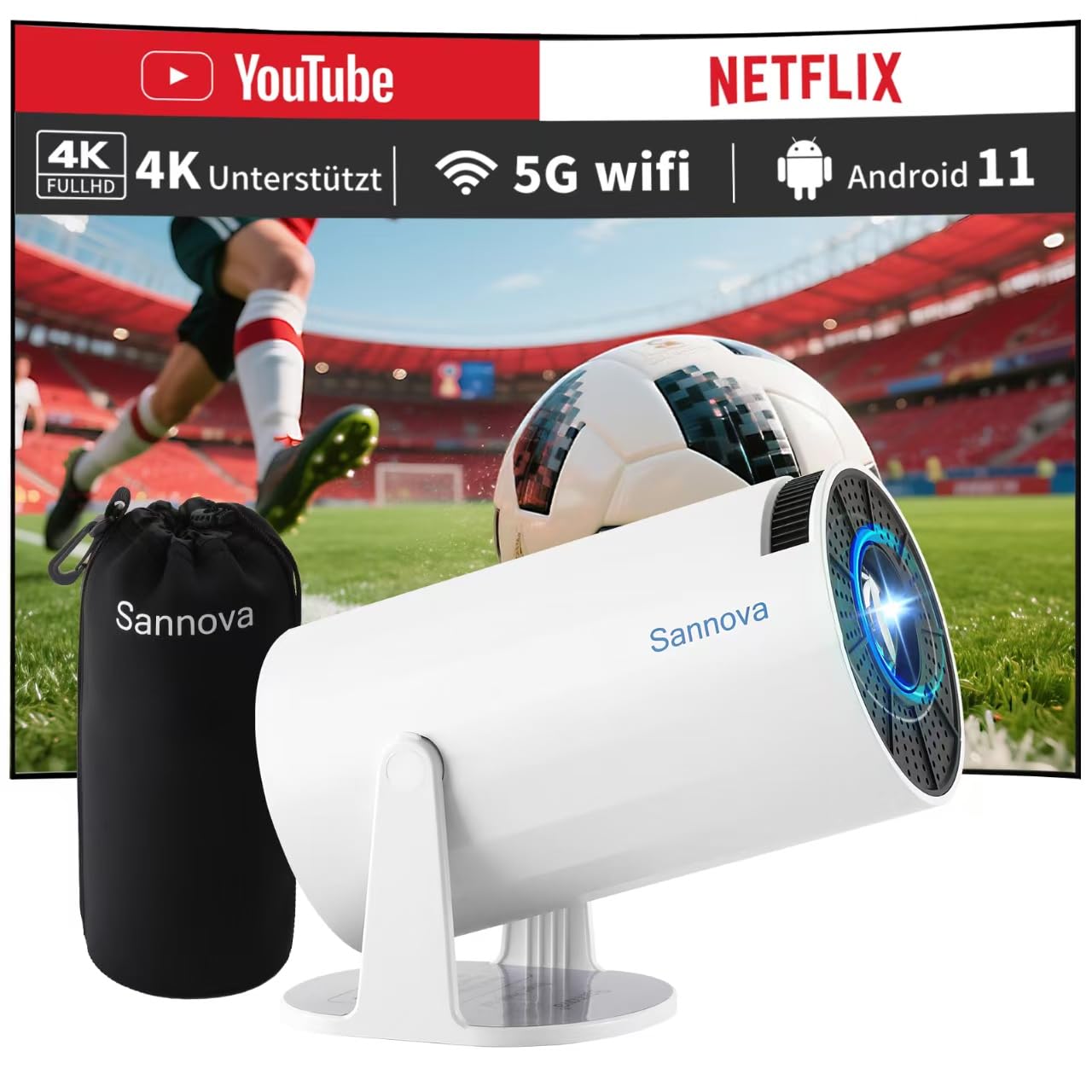 پروژکتور کوچک سانوا، پشتیبانی 1080P، WiFi 5G، 200 ANSI، اندروید 11، اصلاح خودکار Keystone، عملکرد چرخش 180 درجه - پروژکتور هوشمند قابل حمل خانگی برای تلفن همراه و حمل ضدضربه