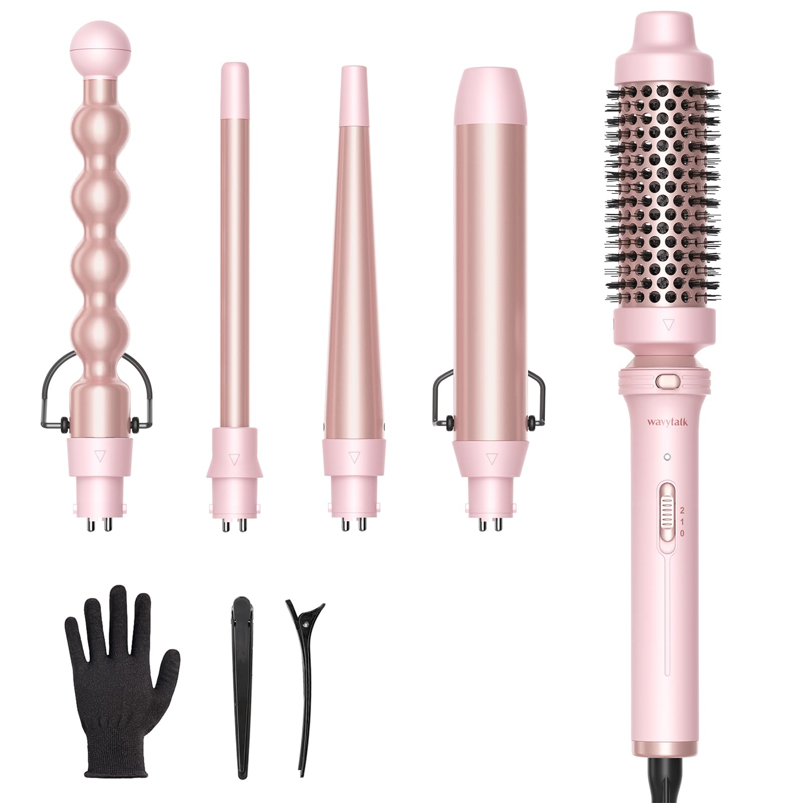 روغن‌خواه ۵ در ۱ دستگاه حلقه زنی Wavytalk، مجموعه Curling Wand با برس حلقه زنی و ۴ دستگاه قابل تعویض سرامیک حلقه زنی (۰.۵”-۱.۲۵”)، داغ شدن فوری، شامل دستکش محافظ حرارتی و ۲ پروانه (صورتی)