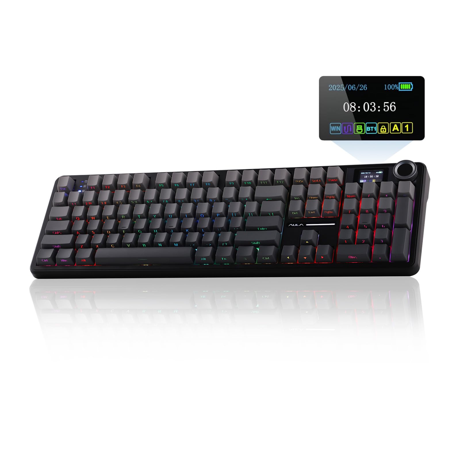 کیبورد بازی بی‌سیم EPOMAKER X AULA F108 PRO با صفحه نمایش، باتری 8000mAh، 104 کلید قابل تعویض و قابل برنامه‌ریزی و دسته، نور پس‌زمینه RGB، برای مک/کامپیوتر شخصی/اندروید (گرادیان سیاه)