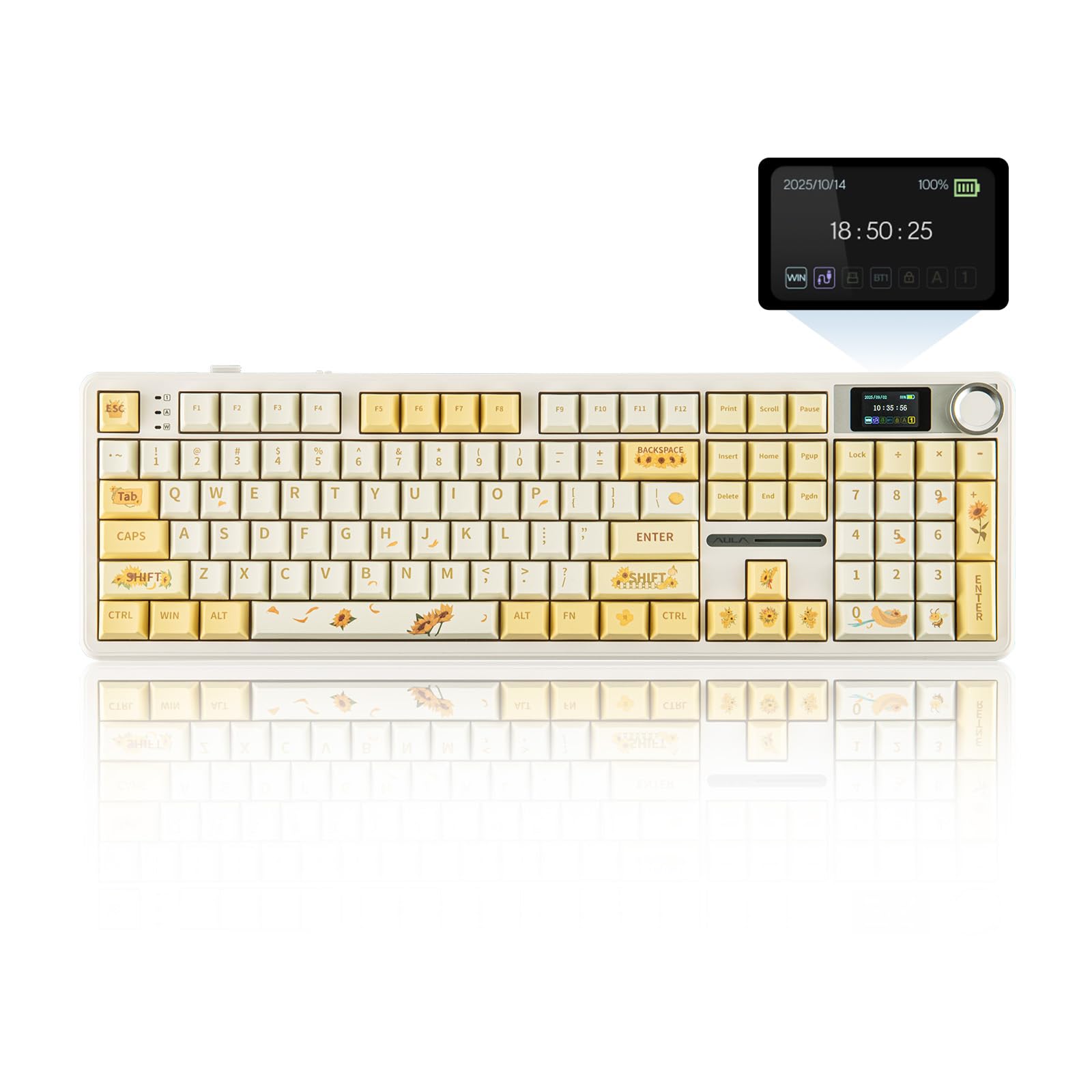 کیبورد بازی بی‌سیم EPOMAKER X AULA F108 PRO با صفحه نمایش، باتری 8000 میلی‌آمپر، 104 کلید قابل تعویض و قابل برنامه‌ریزی و دسته، نور پس‌زمینه RGB، برای سیستم‌های Mac/PC/Android (زرد)