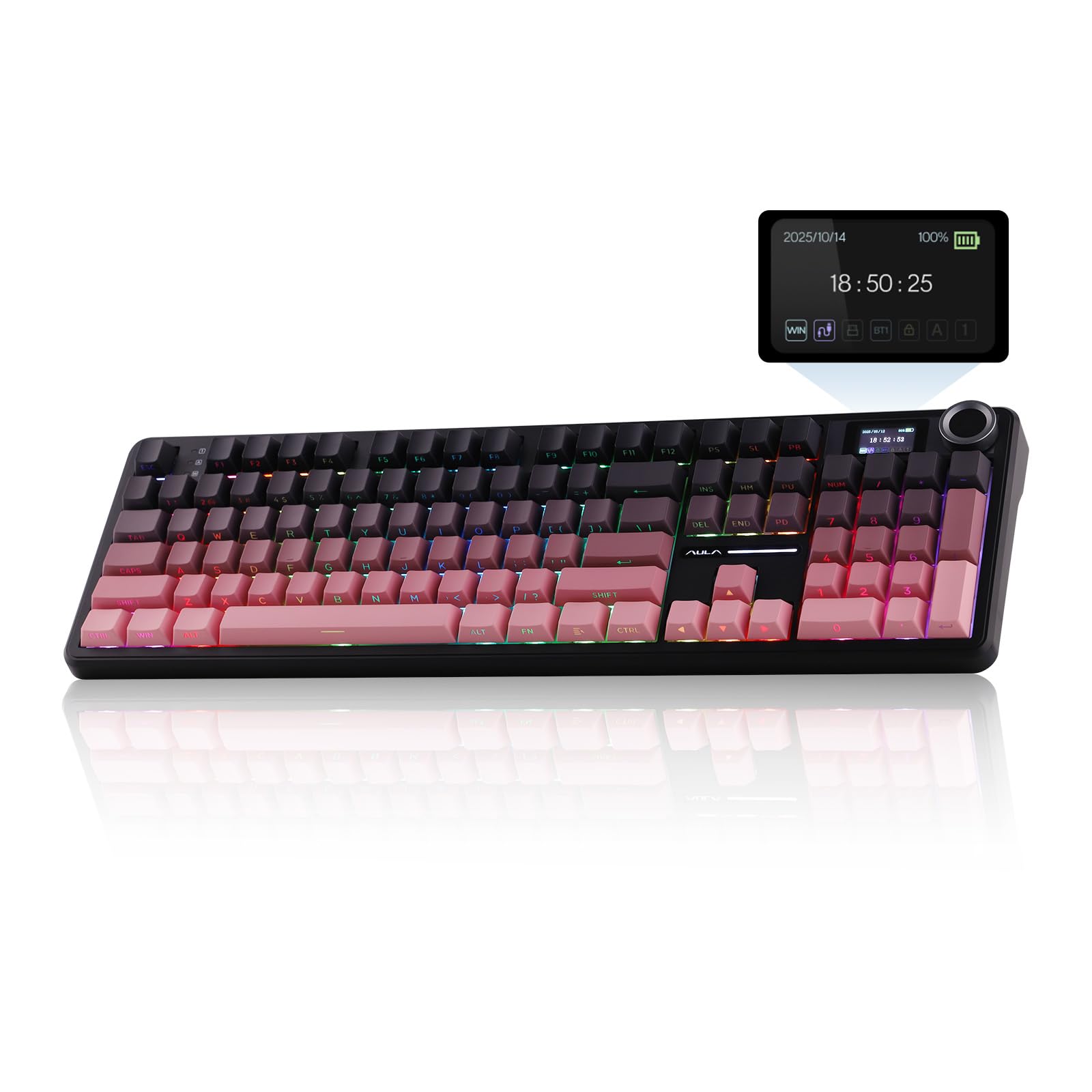 کیبورد بازی بی‌سیم EPOMAKER X Aula F108 PRO با صفحه نمایش، باتری ۸۰۰۰mAh، ۱۰۴ کلید قابل تعویض و قابل برنامه‌ریزی و کنترل‌گر، نور پس‌زمینه RGB، برای مک/کامپیوتر شخصی/اندروید (گرادیان صورتی)
