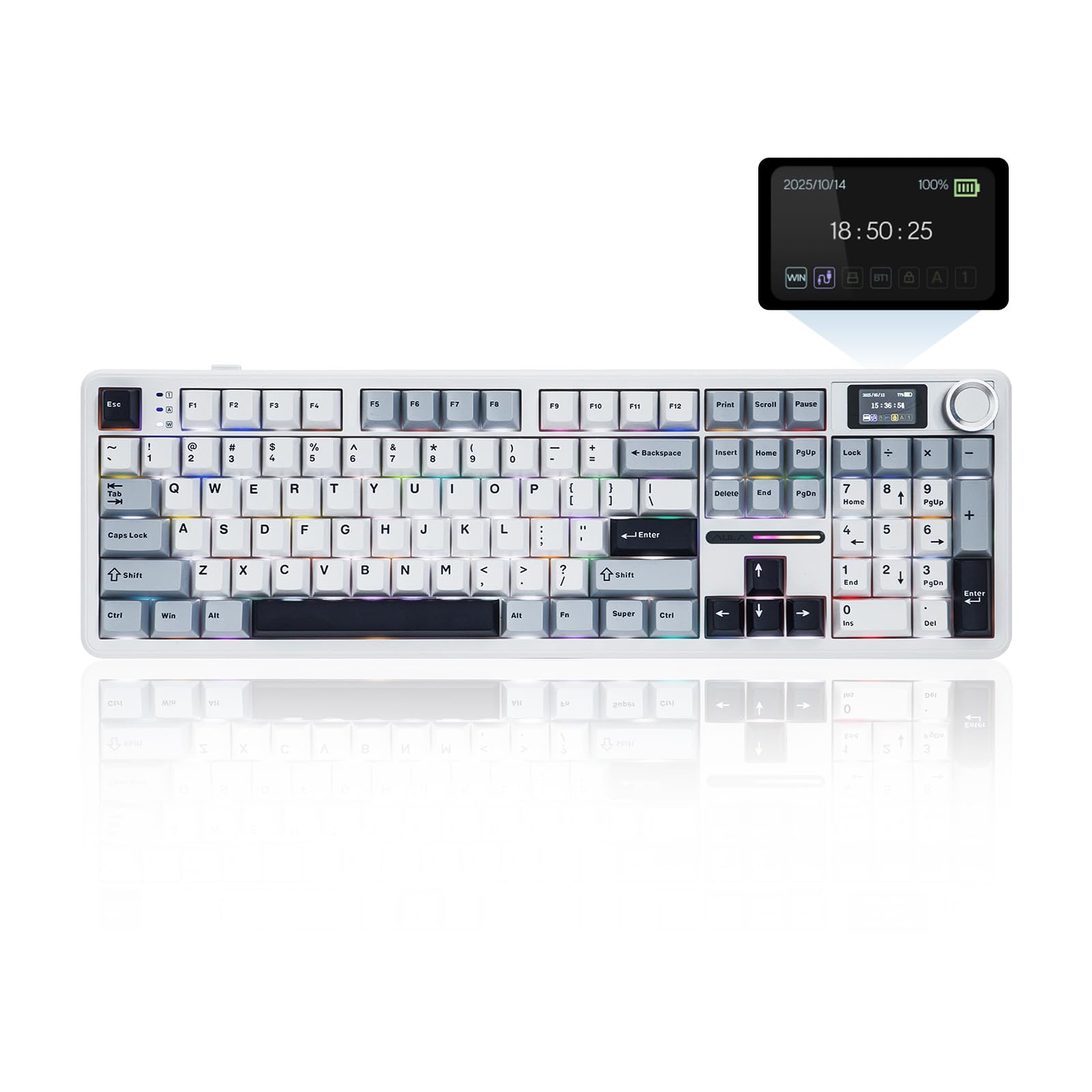 کیبورد بازی بی‌سیم EPOMAKER X AULA F108 PRO با صفحه نمایش، باتری ۸۰۰۰mAh، ۱۰۴ کلید قابل تعویض و قابل برنامه‌ریزی و دسته، نور پس‌زمینه RGB، برای مک/کامپیوتر شخصی/اندروید (آبی و سفید)