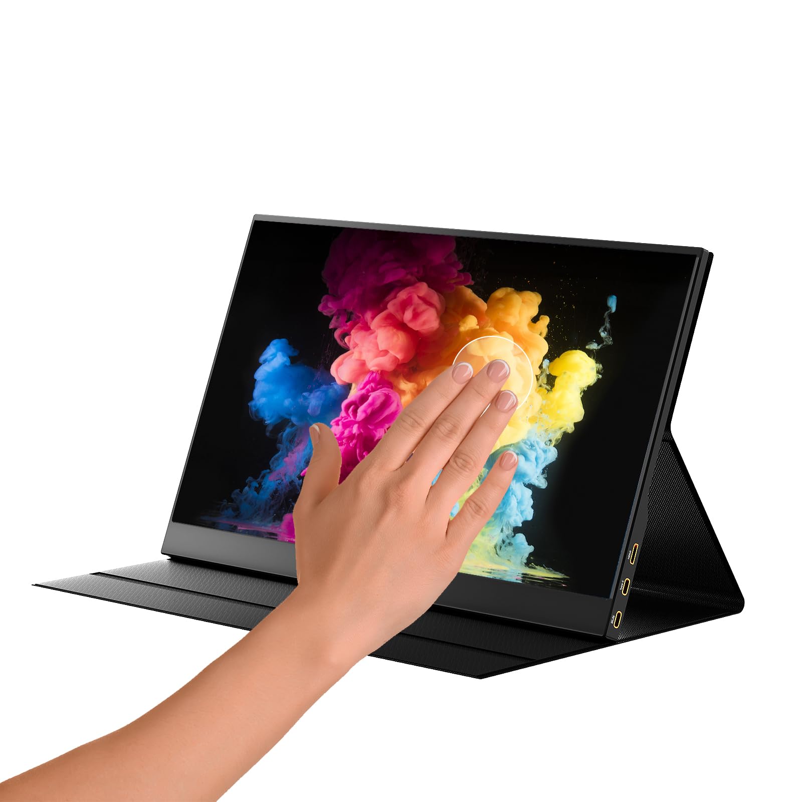 مانیتور قابل حمل 15.6 اینچی Yinker با صفحه نمایش لمسی، دقت تصویر 1080P FHD و قابلیت لمس 10 نقطه‌ای با پوشش چرمی مغناطیسی محافظ و اسپیکرها، مانیتورهای سفری USB-C برای لپ‌تاپ، تلفن، کامپیوتر شخصی، نینتندو سوییچ (Switch) - رنگ مشکی