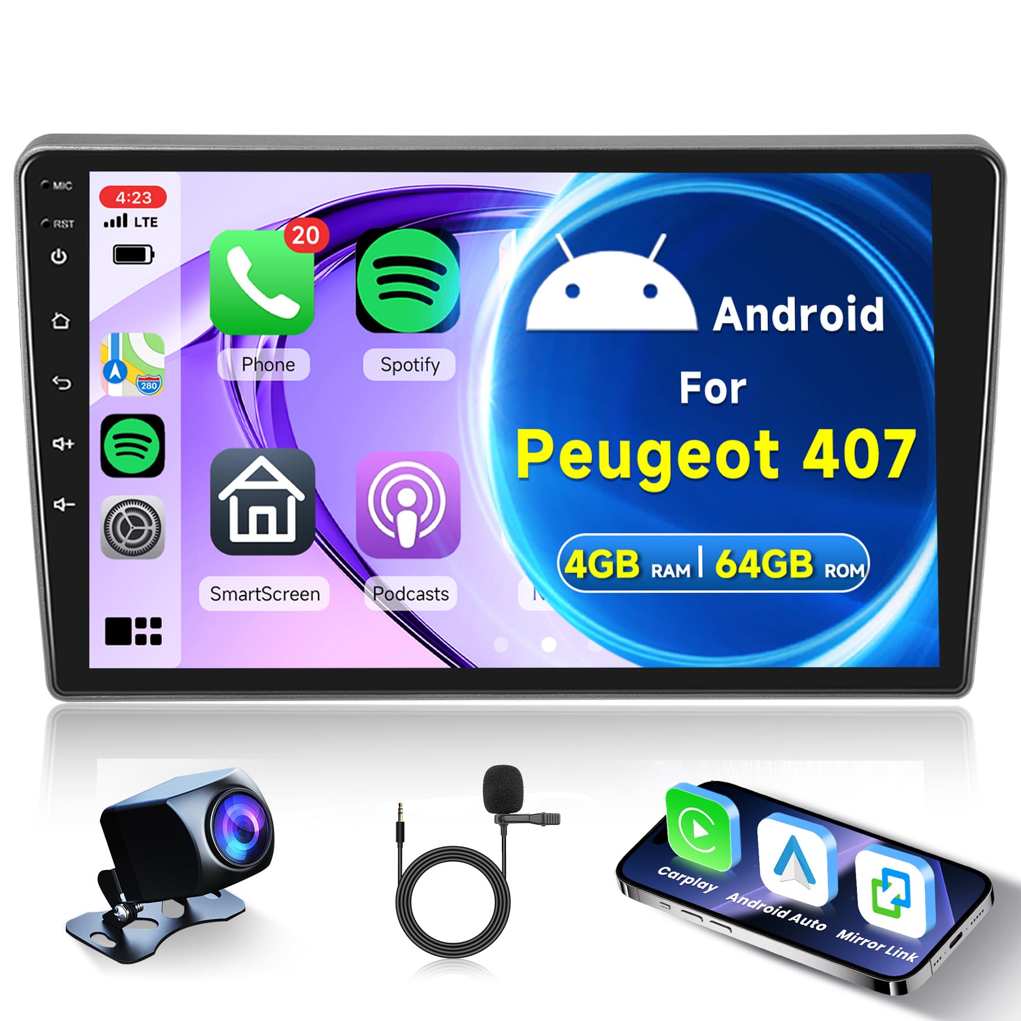 رادیو خودروی اندرویدی با قابلیت 4G و 64G و وایرلس Carplay برای پژو 407 از سال‌های 2004 تا 2011 با صفحه نمایش 9 اینچی، دو بعدی، دارای ناوبری اندرویدی، GPS، WiFi، پیوند آینه، بلوتوث، رادیو FM/RDS، 32 حالت اکوالایزر، پورت USB، کنترل‌های در فرمان و دوربین عقب