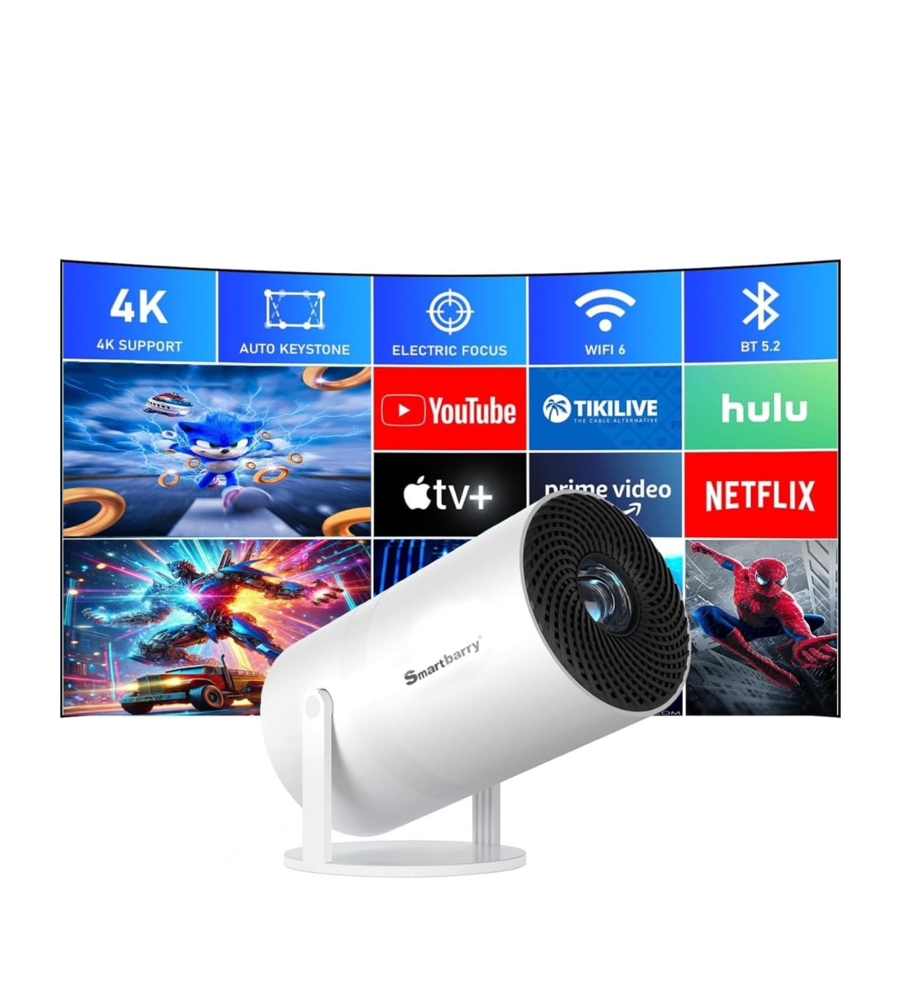 پروژکتور کوچک Smartbarry ™ 4K 1080P با WiFi و Bluetooth - پروژکتور قابل حمل با سیستم عامل اندروید، استند 210 درجه چرخشی، بیش از 8000 برنامه داخلی، طراحی حذف گرد و غبار و پراکندگی حرارت