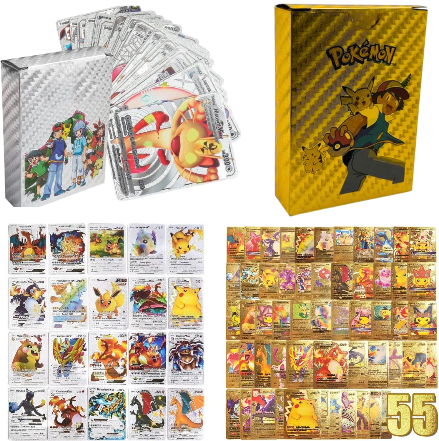 110 کارت پوکمون TCG تنظیم - کارت های پوکمون طلایی، Rare VMAX، بطاقات بوکيمون نادره، Carte pokemon، کارت های فلزی، بسته هدیه،55 عدد هر کارت نقره ای و طلا
