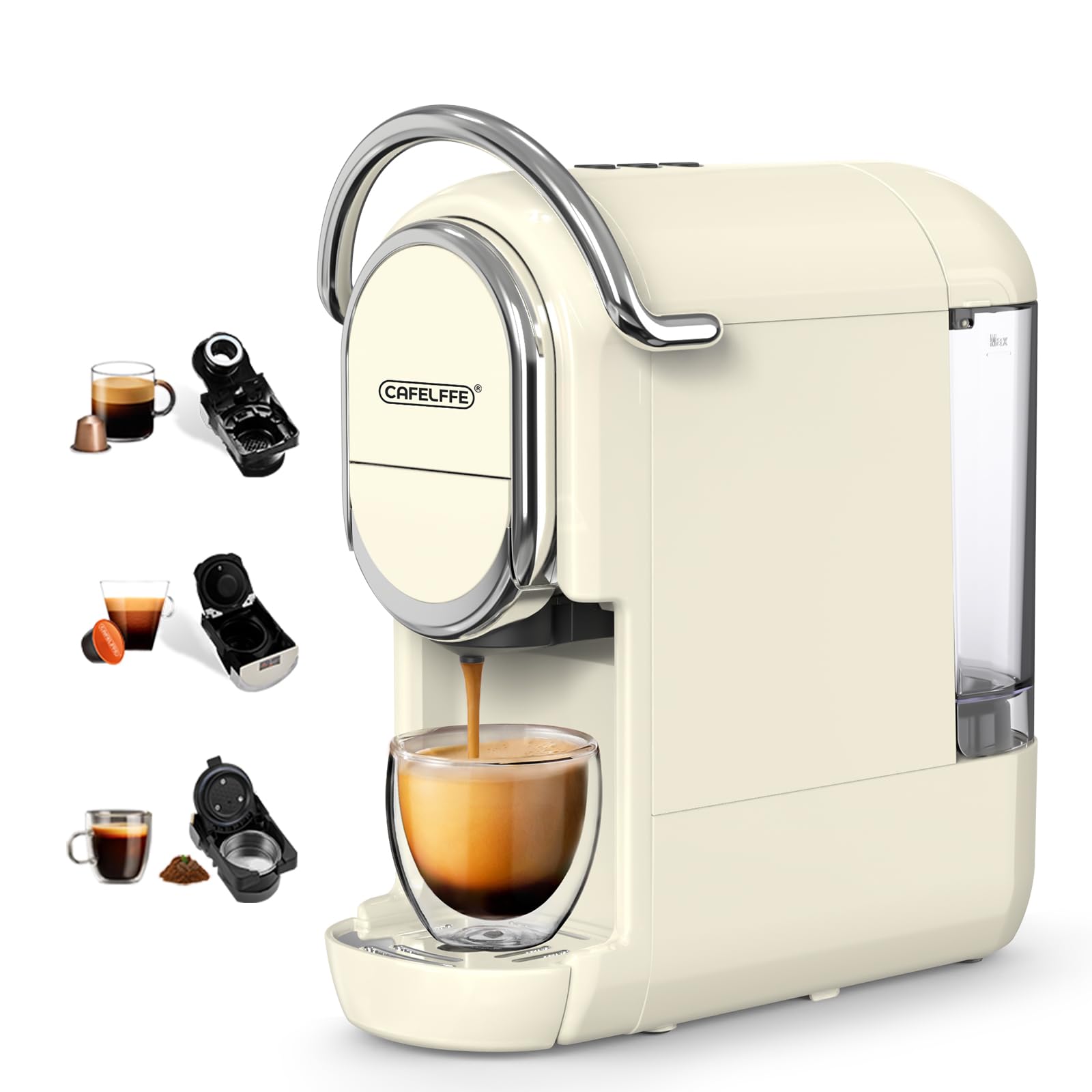 ماشین قهوه‌ساز کپسولی Cafelffe MK-609، با توان 1450W و فشار 19 بار، ماشین اسپرسو 3 در 1 برای استفاده با کپسول‌های Nespresso/Dolce Gusto/قهوه زمینی، برای درست کردن قهوه گرم/سرد، کوچک و مناسب برای استفاده در منزل و دفتر است.
