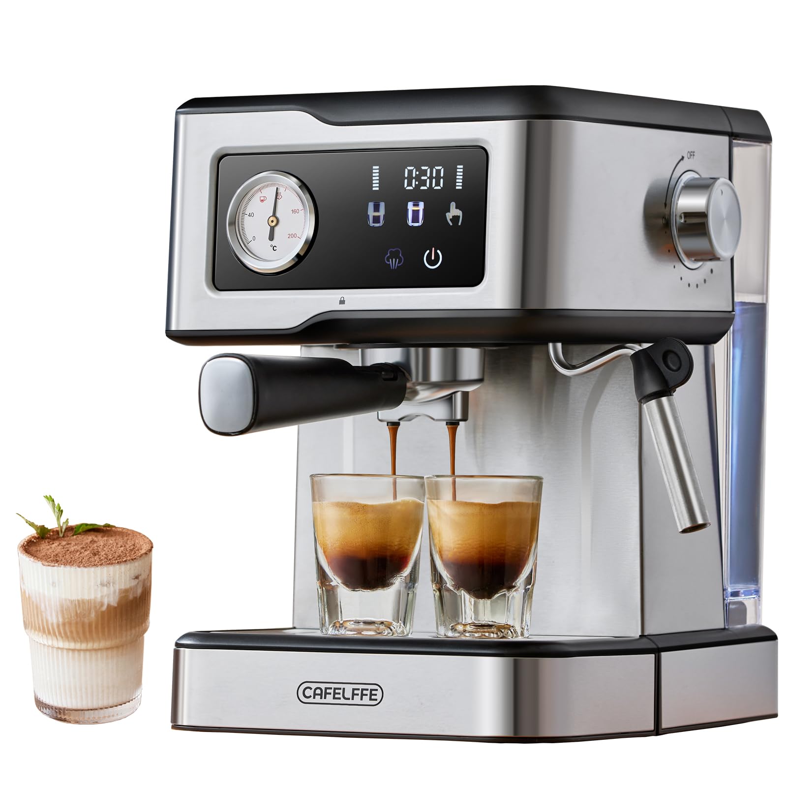 ماشین اسپرسو و تهیه کننده قهوه Cafelffe MK-901 با مخزن شیر - ۹۵۰ وات / ۱.۵ لیتر، پمپ ۲۰ بار، صفحه لمسی هوشمند، بدنه از جنس استیل، بخار قوی برای لاته / کاپوچینو