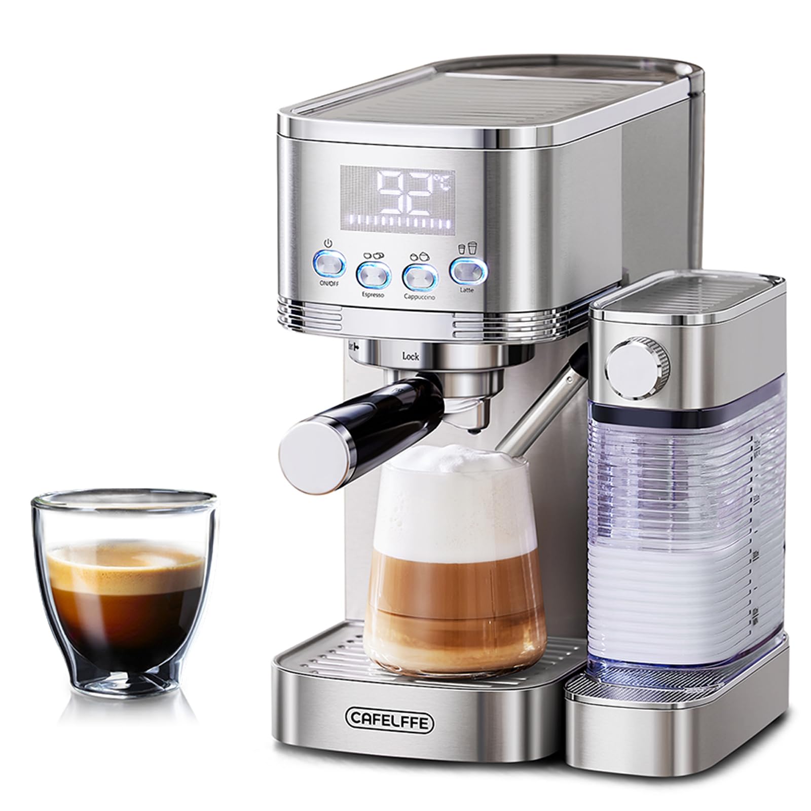 ماشین قهوه‌ساز MK-801 Cafelffe با 20 بار، یک دکمه برای اسپرسو/کاپوچینو/لاته با فرم‌زن شیر خودکار، دو بویلر با کنترل دمای PID، خودتمیزکننده، بدنه از جنس فولاد ضدزنگ نقره‌ای