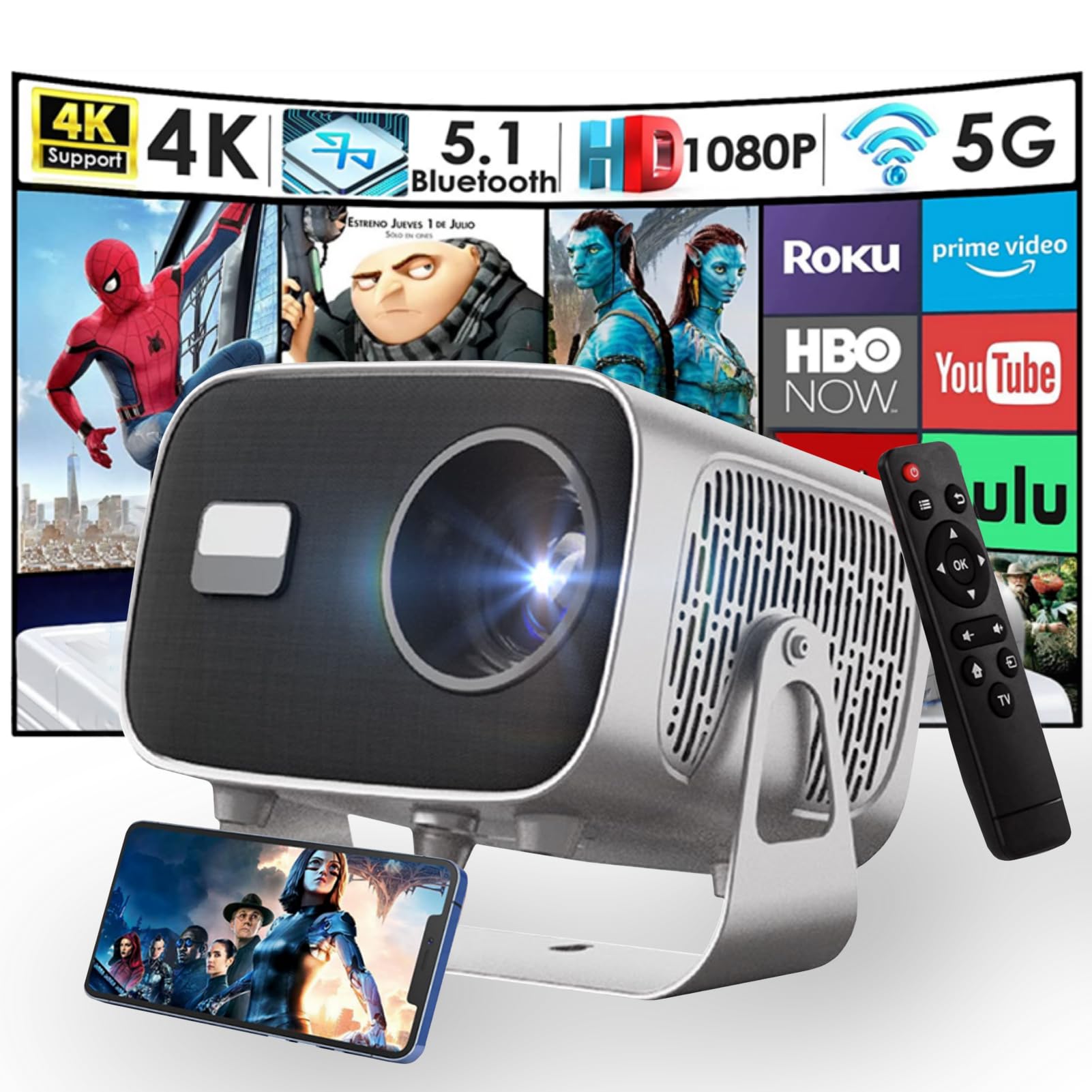 تاچین نو آپگرید شده با کیفیت 4K HD قابل حمل با وای فای 6 و بلوتوث 5.0، فوکوس الکتریکی/اندروید 13.0، پرتابل 200 اینچ، 27000 لومن نمایشگر هوشمند برای فیلم‌های خارجی و سینمای خانگی با استند. خاکی تیره-A1