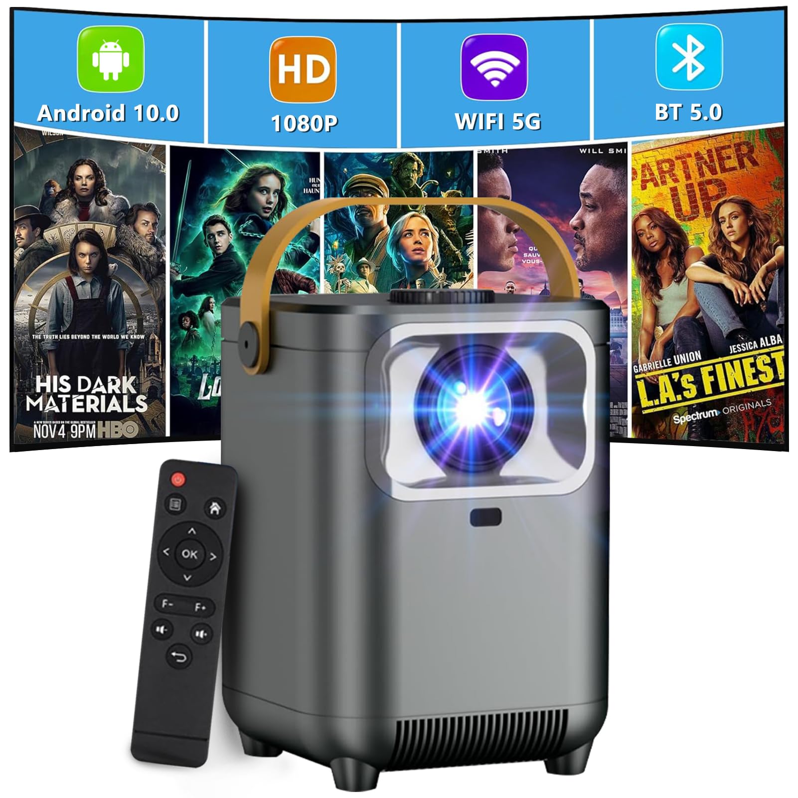 پروژکتور مینی قابل حمل برای تئاتر خانگی، پشتیبانی از HD1080P 5G وای فای و بلوتوث برای فیلم های خارج از منزل، پشتیبانی از 4K، اندروید تی وی 10.0، نمایش 200 اینچ و رنگ خاکستری سازگار با iOS/اندروید