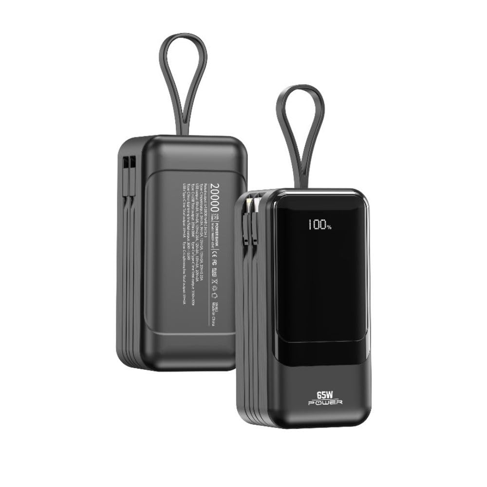 قدرت بانک لپتاپ کوچک IQ TOUCH 65 وات، 20000 میلی آمپر، کابل‌های Type-C و Lightning داخلی، نمایشگر دیجیتال، شارژ دو طرفه سریع، پشتیبانی از چند دستگاه، محافظت چند لایه، POWER-X65