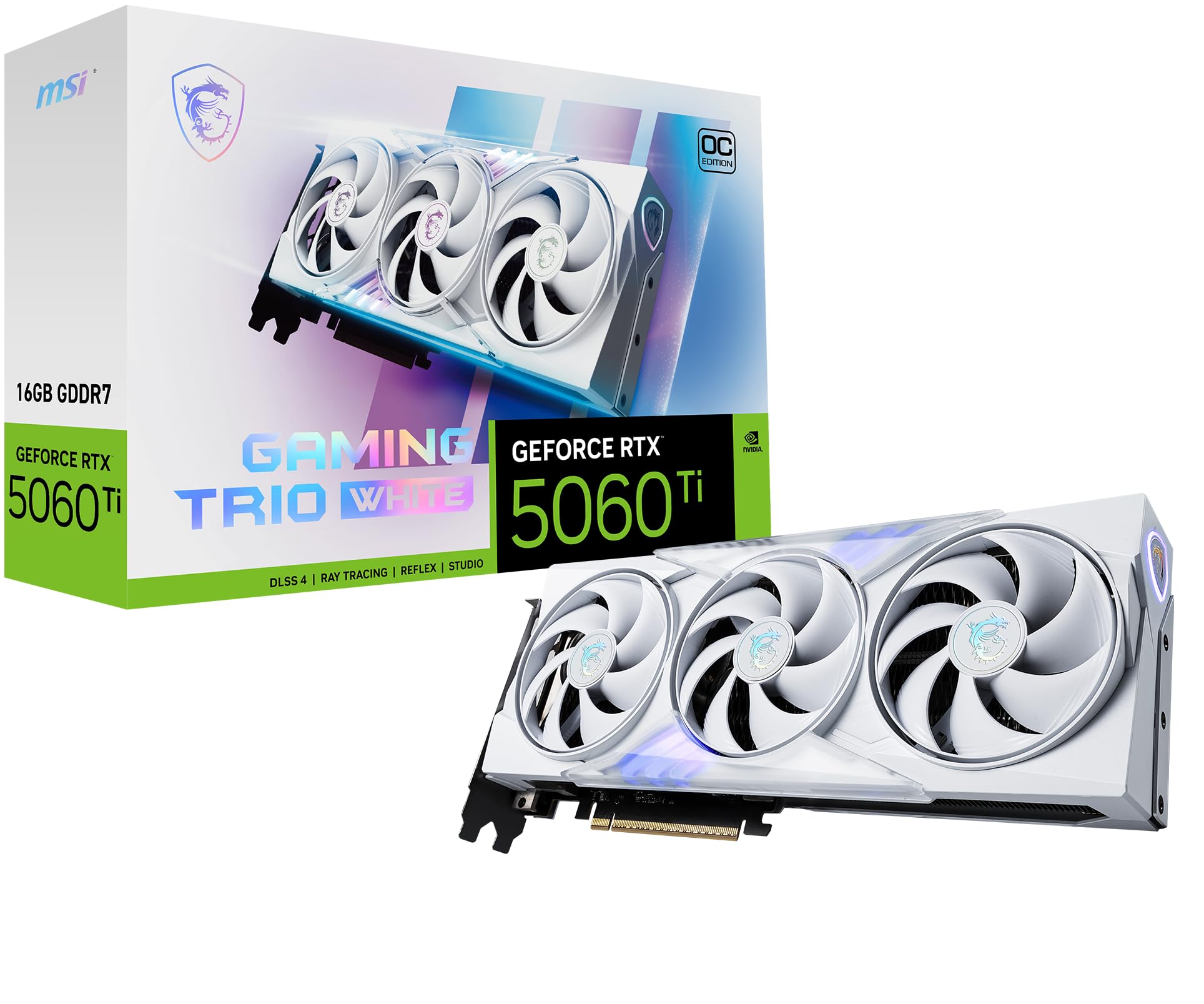 کارت گرافیک سفید MSI Gaming RTX 5060 Ti 16G Gaming Trio OC (16GB GDDR7، 128-بیت، عملکرد فوق‌العاده: TBA مگاهرتز، DisplayPort x 3 2.1a، HDMI 2.1b، معماری NVIDIA Blackwell)