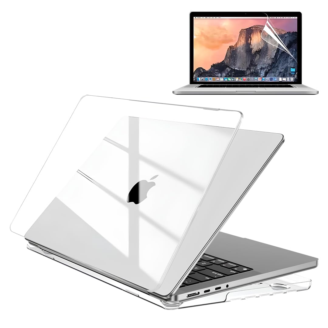 پوشش سخت AMROAH سازگار با MacBook Pro 14 اینچ 2025 2024-2021 M4 M3 M2 M1 Pro Max Chip، قاب‌های سخت با کاور صفحه کلید، پوشش صفحه نمایش - شفاف و شفاف