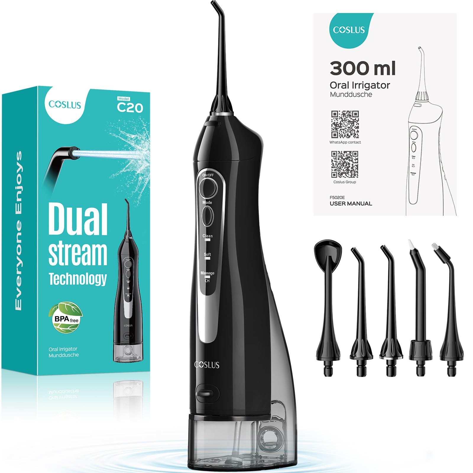 دستگاه اب دهانی COSLUS برای مراقبت از دندان‌های کج، Oral Irrigator حرفه‌ای، تمیز کننده عمیق، قابل شارژ، ضدآب، بدون BPA، قابل حمل برای سفر، مشکی (مخزن آب سیاه)