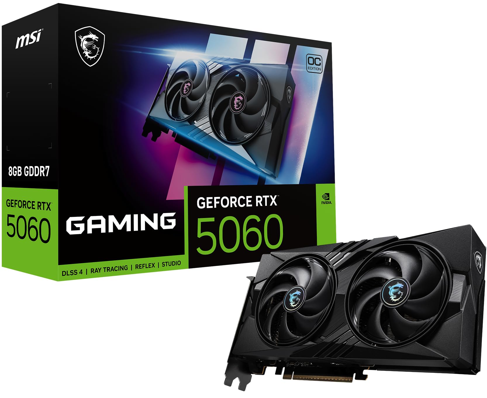 کارت گرافیک MSI Gaming RTX 5060 8G Gaming OC (۸ گیگابایت GDDR7، باس ۱۲۸ بیتی، عملکرد فوق‌العاده: ۲۶۴۰ مگاهرتز، DisplayPort ×۳ نسخه 2.1a، HDMI نسخه 2.1b، معماری NVIDIA Blackwell)