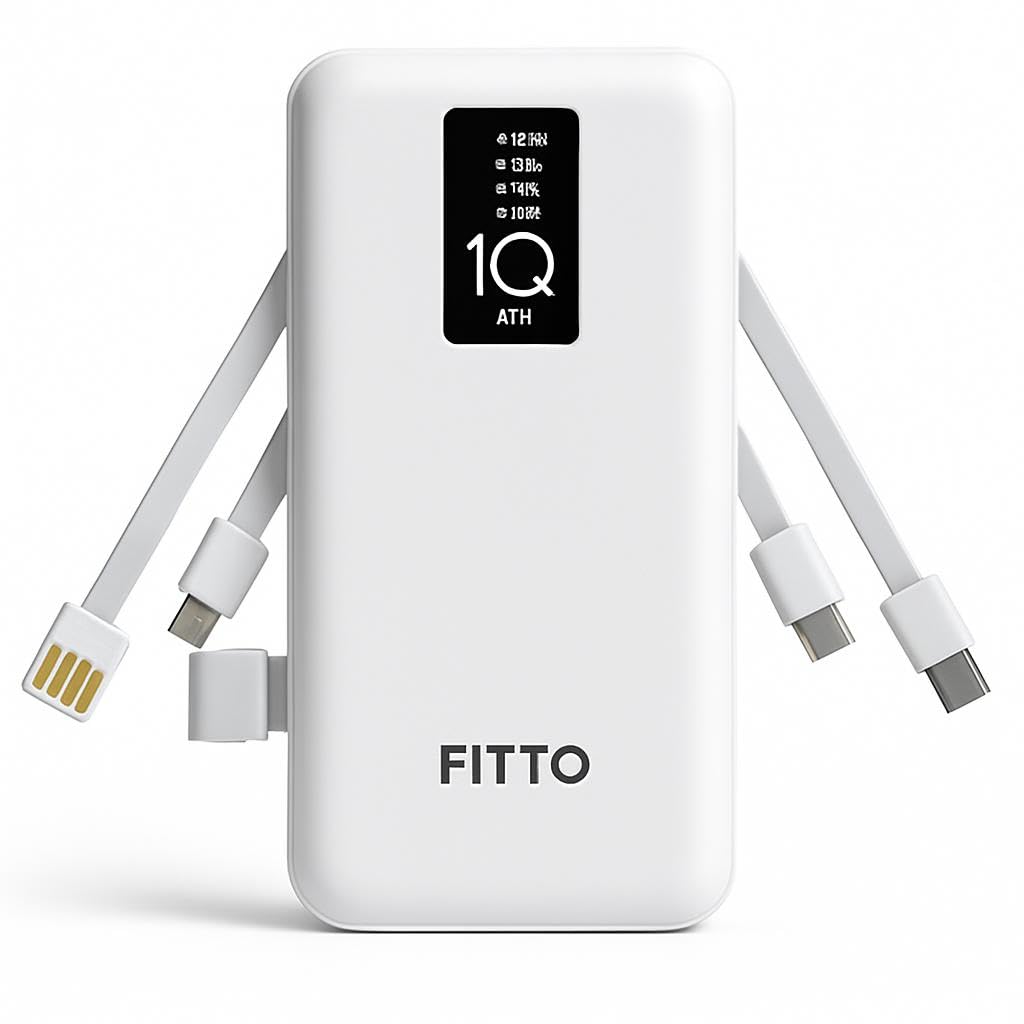 پاور بانک Fitto 10000mAh با کابل های داخلی USB 4 در 1 سازگار با تلفن همراه و تبلت