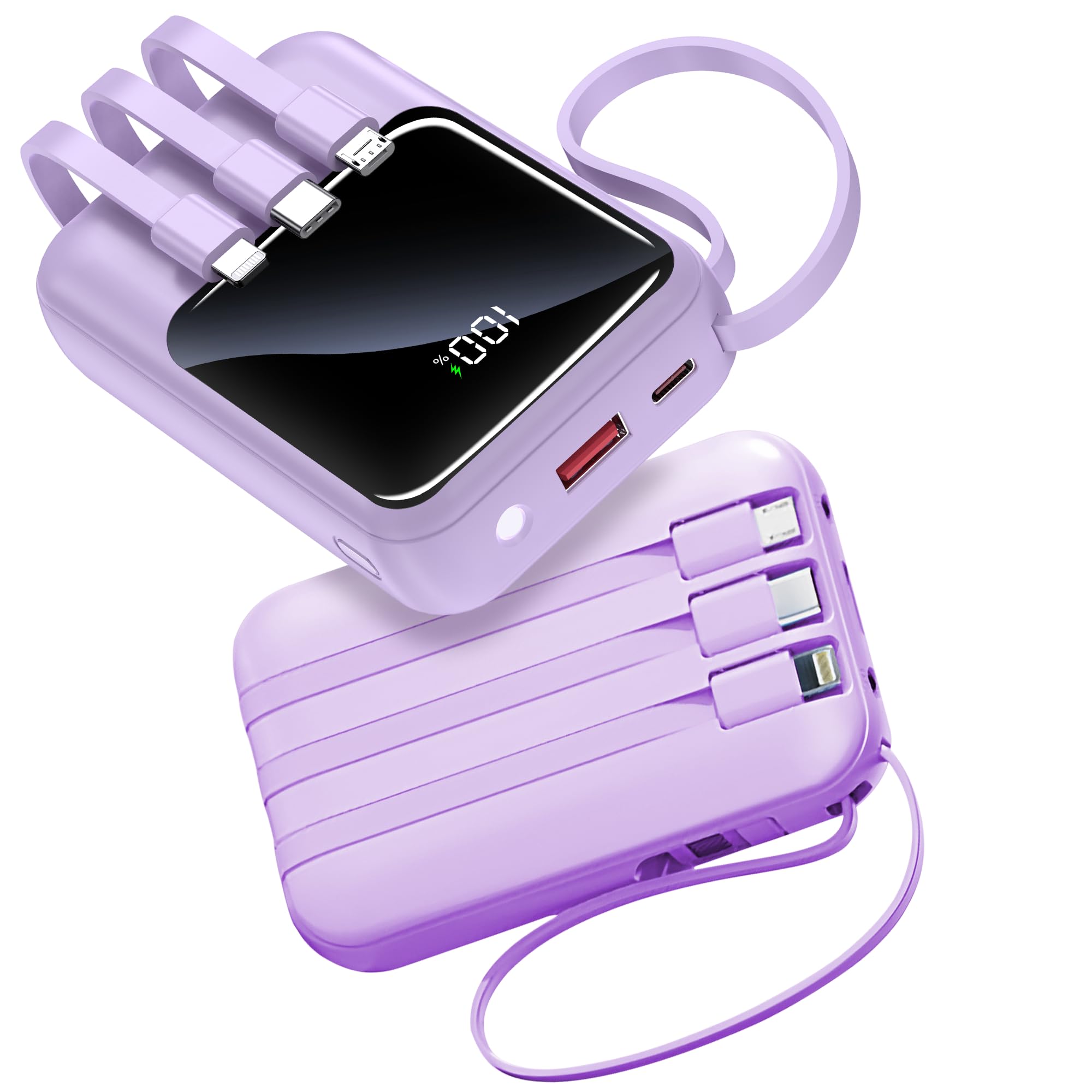 پاوربانک 10000mAh شارژ سریع با خروجی USB-C، USB-A و نمایشگر LED - شارژر قابل حمل با کابل‌های داخلی - پاوربانک قابل حمل سفری برای گوشی‌های هوشمند، تبلت‌ها