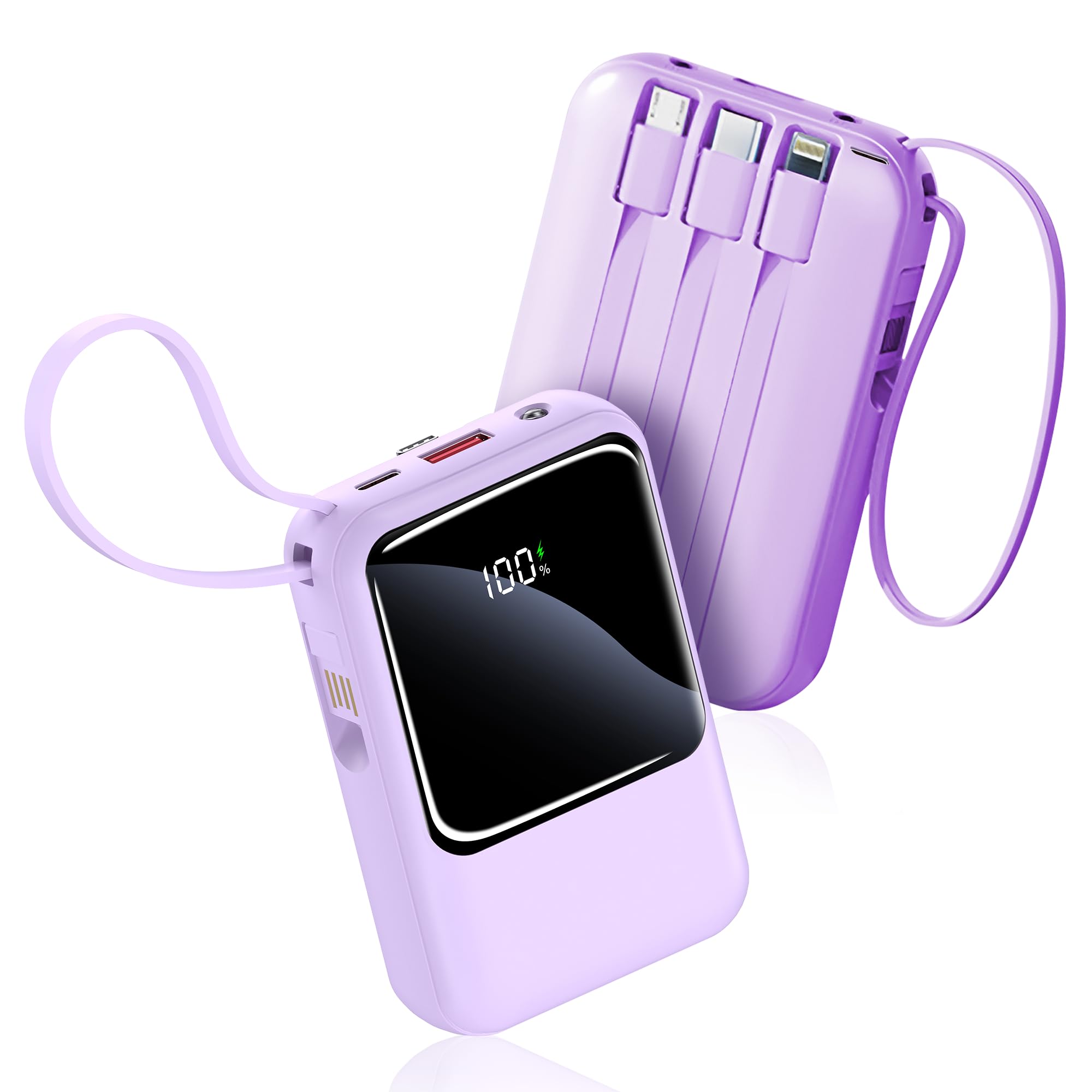 شارژر قدرتمند قابل حمل 10000mAh Power Bank با نمایشگر LED و کابل های داخلی - شارژ سریع قدرت بانک با خروجی USB-C، USB-A - مینی پاوربانک مناسب برای مسافرت برای گوشی های هوشمند، تبلت ها