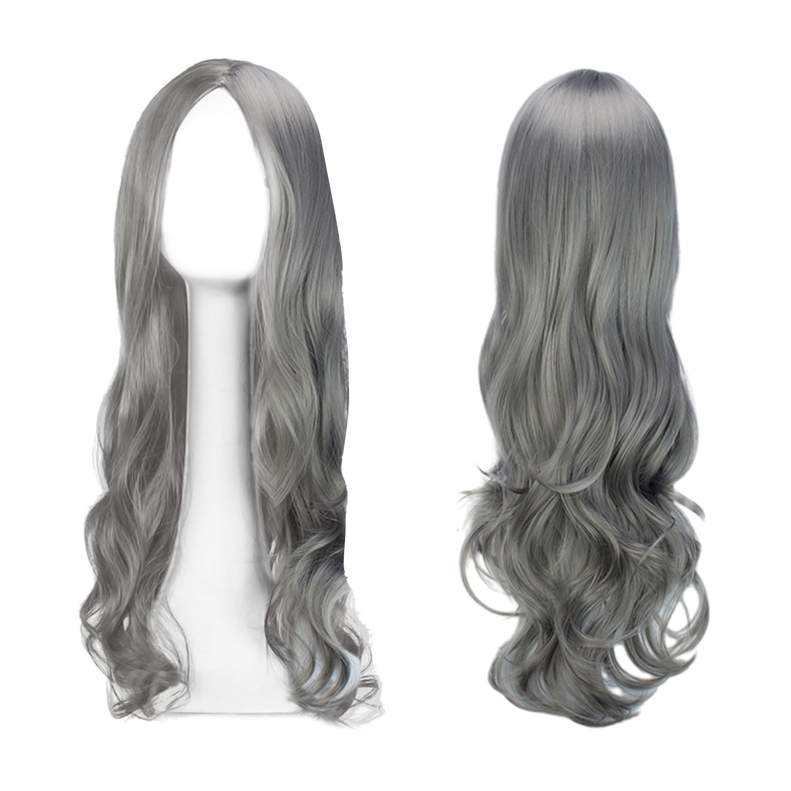 موی بلند موجدار با الیاف سنتیتیک نرم برای ظاهر طبیعی و حجم کامل، کلاه قابل تنظیم و آسان برای استایل، ایده آل برای کاسپلی، استفاده روزانه، مهمانی برای زنان و دختران (خاکستری نقره‌ای)