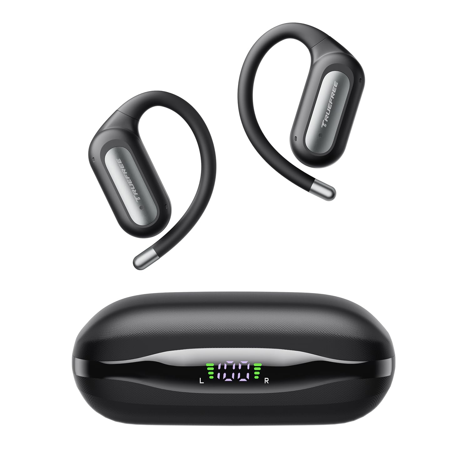 گوشی‌های بی‌سیم EarFit DS1 Open Ear از TRUEFREE، هدفون‌های بی‌سیم، با بلوتوث 6.0، گوشی‌های گوش با Earhook با نمایشگر LED، 40 ساعت پخش، ضدآب IPX5، قرارگیری ایمن، میکروفون لغو نویز برای ورزش، کار و سفر (رنگ مشکی).