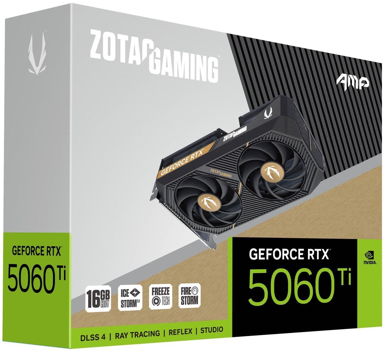 کارت گرافیک گیمینگ ZOTAC Gaming GeForce RTX 5060 Ti 16GB AMP DLSS 4، حافظه 16GB GDDR7، رابط 128 بیتی، پهنای باند 28 Gbps، PCIe 5.0، خنک‌کننده IceStorm 2.0، نورپردازی LED سفید، ZT-B50620F-10M