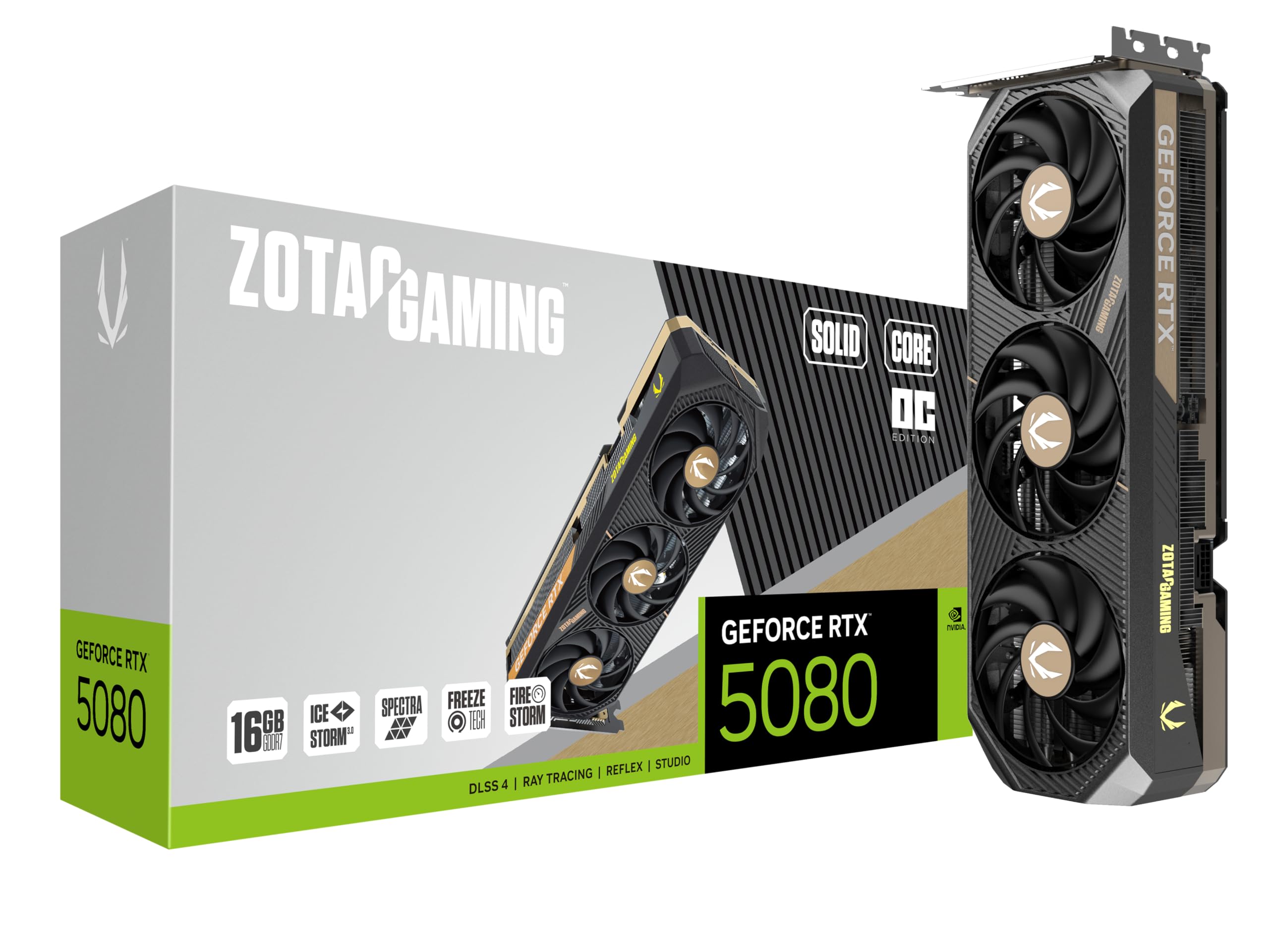 ZOTAC Gaming GeForce RTX 5080 Solid CORE OC DLSS 4، کارت گرافیک گیمینگ 16 گیگابایت GDDR7، گذرگاه 256 بیتی، 30 گیگابیت‌برثانیه، PCIe 5.0، خنک‌کنندگی پیشرفته IceStorm 3.0، نورپردازی Spectra RGB، ZT-B50800J2-10P