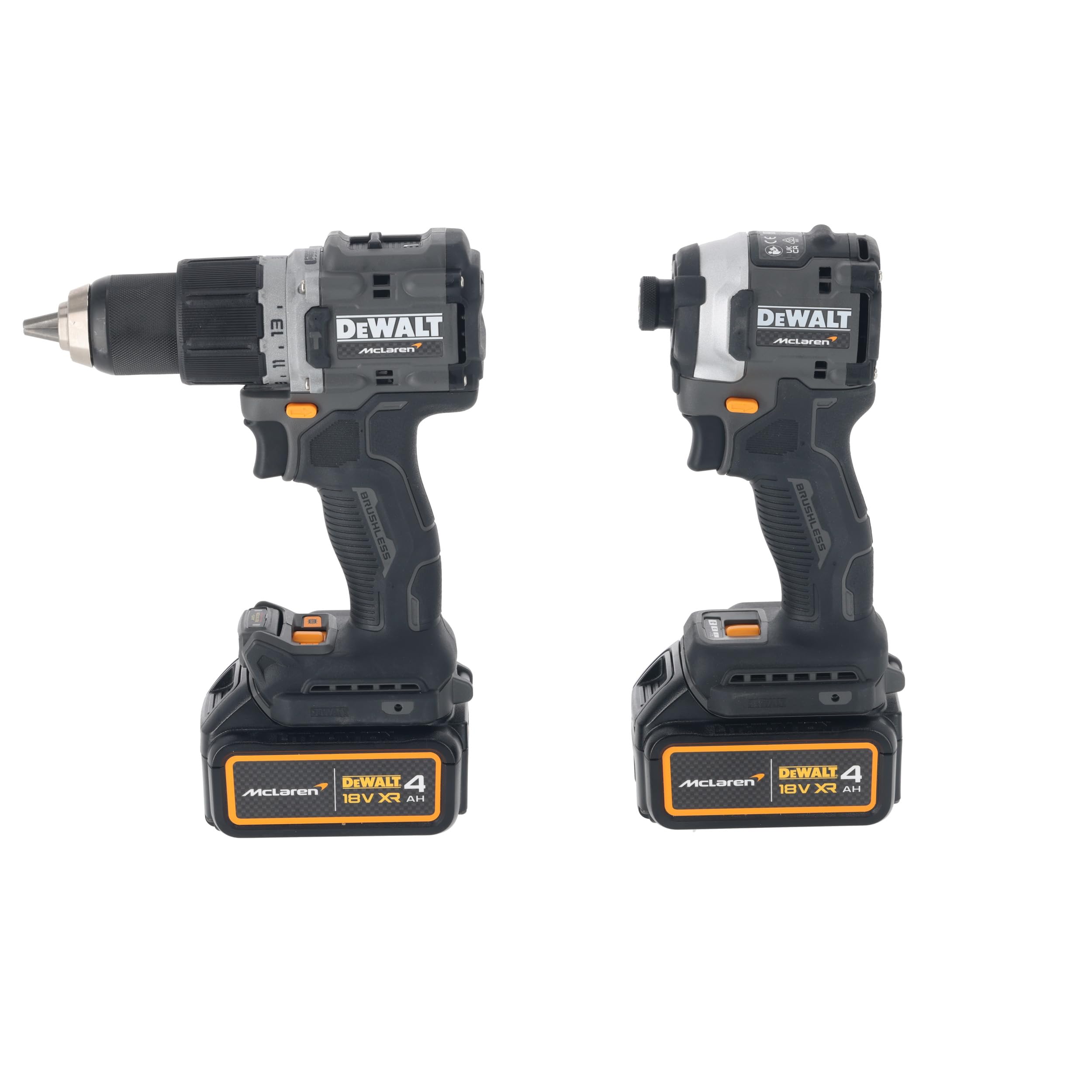 DEWALT x تیم مکلارن اف1 18 ولت XR Brushless Twin Kit - مجموعه ابزار کوچک با باتری‌های 4Ah | DCD85M و DCF85M | نسخه محدود | 2 عدد 4.0Ah باتری، شارژر و جعبه TSTAK