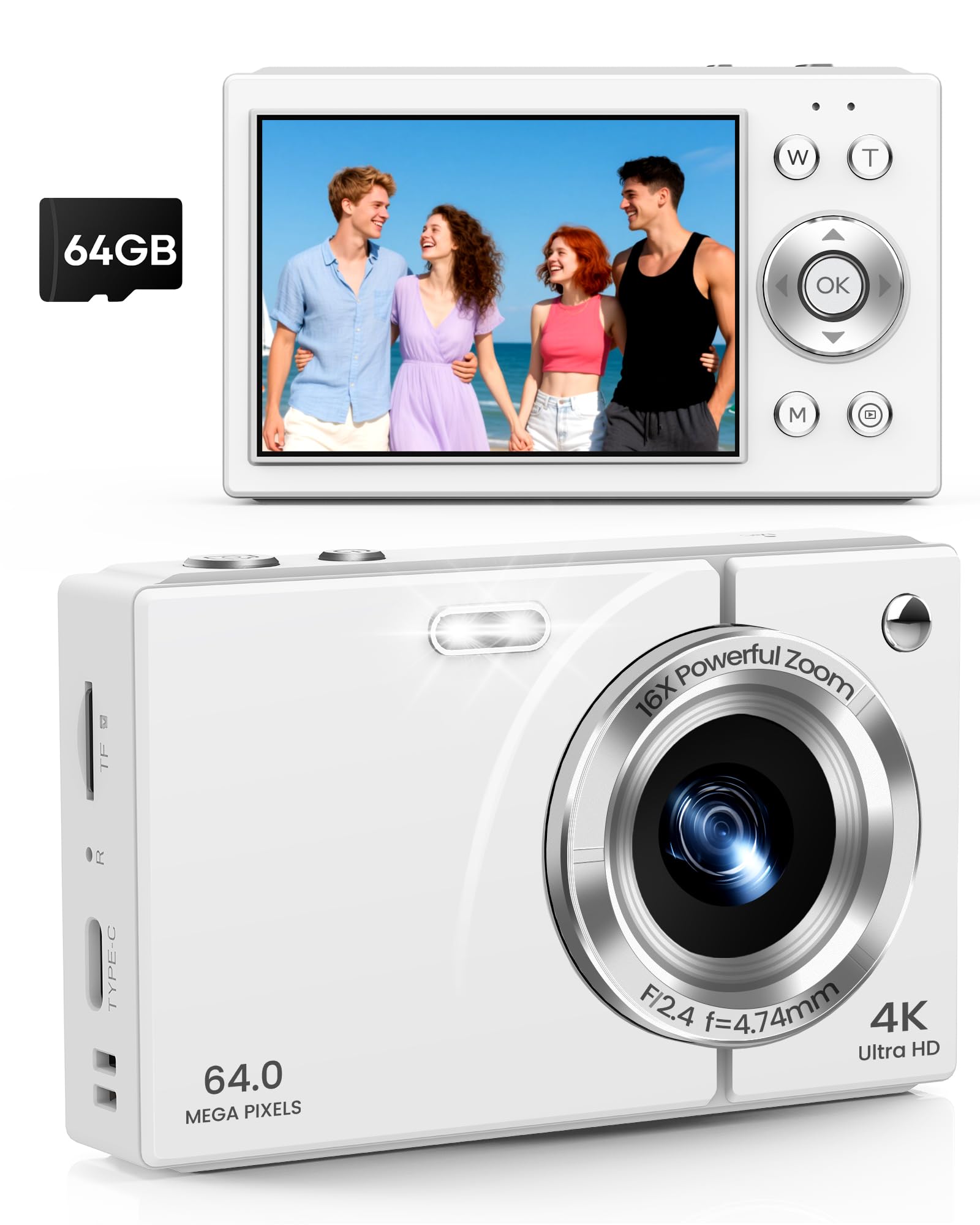 دوربین دیجیتال 4K با 64 مگاپیکسل و زوم دیجیتال 16 برابر - دوربین ولاگینگ با فوکوس خودکار و ضد لرزش، کارت حافظه 64 گیگابایتی شامل شده | دوربین سفر کم حجم برای مبتدیان یوتیوب، نوجوانان و بزرگسالان (سفید)