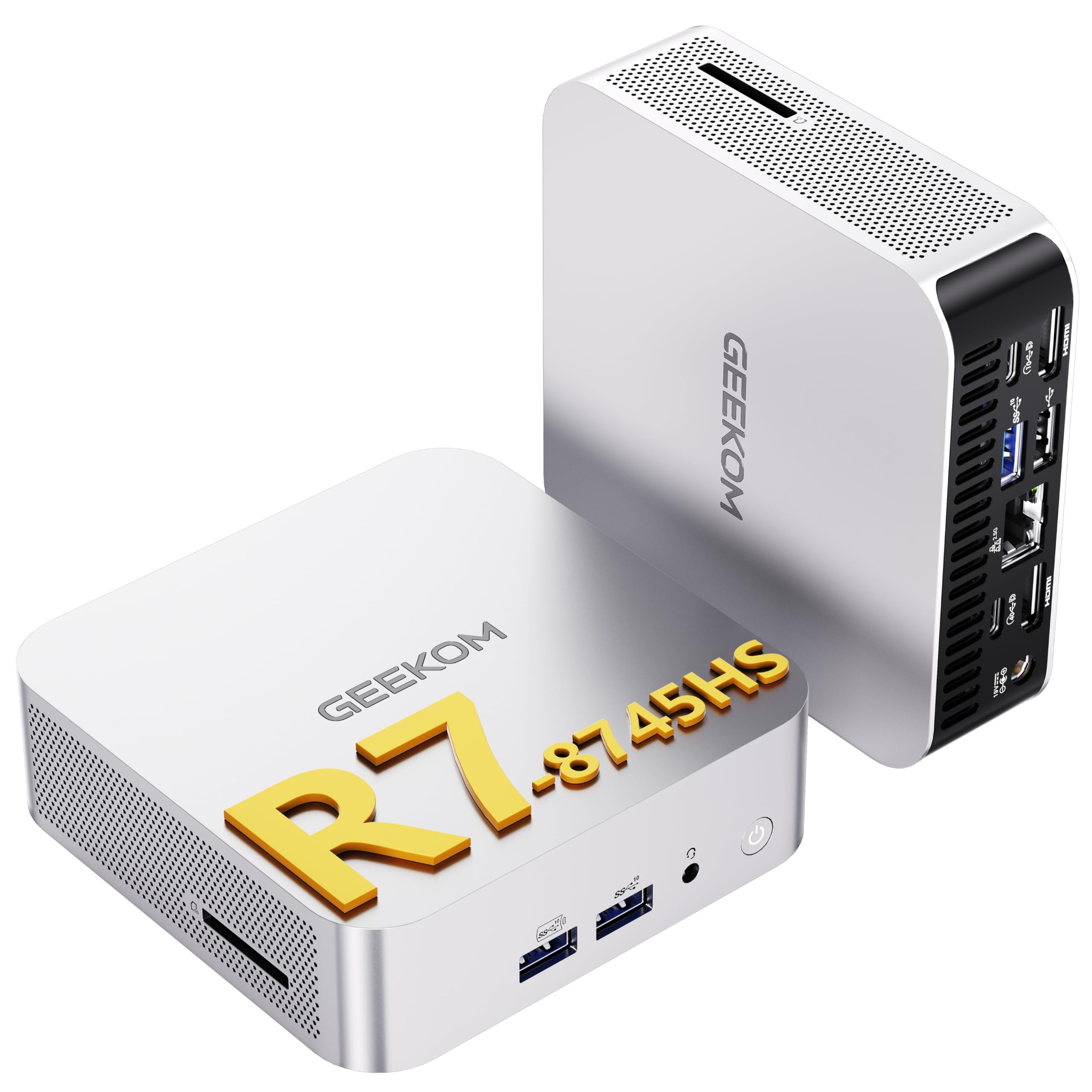 GEEKOM A8 Mini PC با AMD Ryzen 7 8745HS (قدرتمندتر از 6800H)، 32GB DDR5 RAM، 1TB NVMe SSD، رایانه رومیزی Windows 11 Pro برای خانه و کسب و کار، Radeon 780M، USB4، اسلات SD، 8K، 4 نمایش‌گر، WiFi 6E، LAN 2.5G، R7-8745HS، 32GB + 1TB