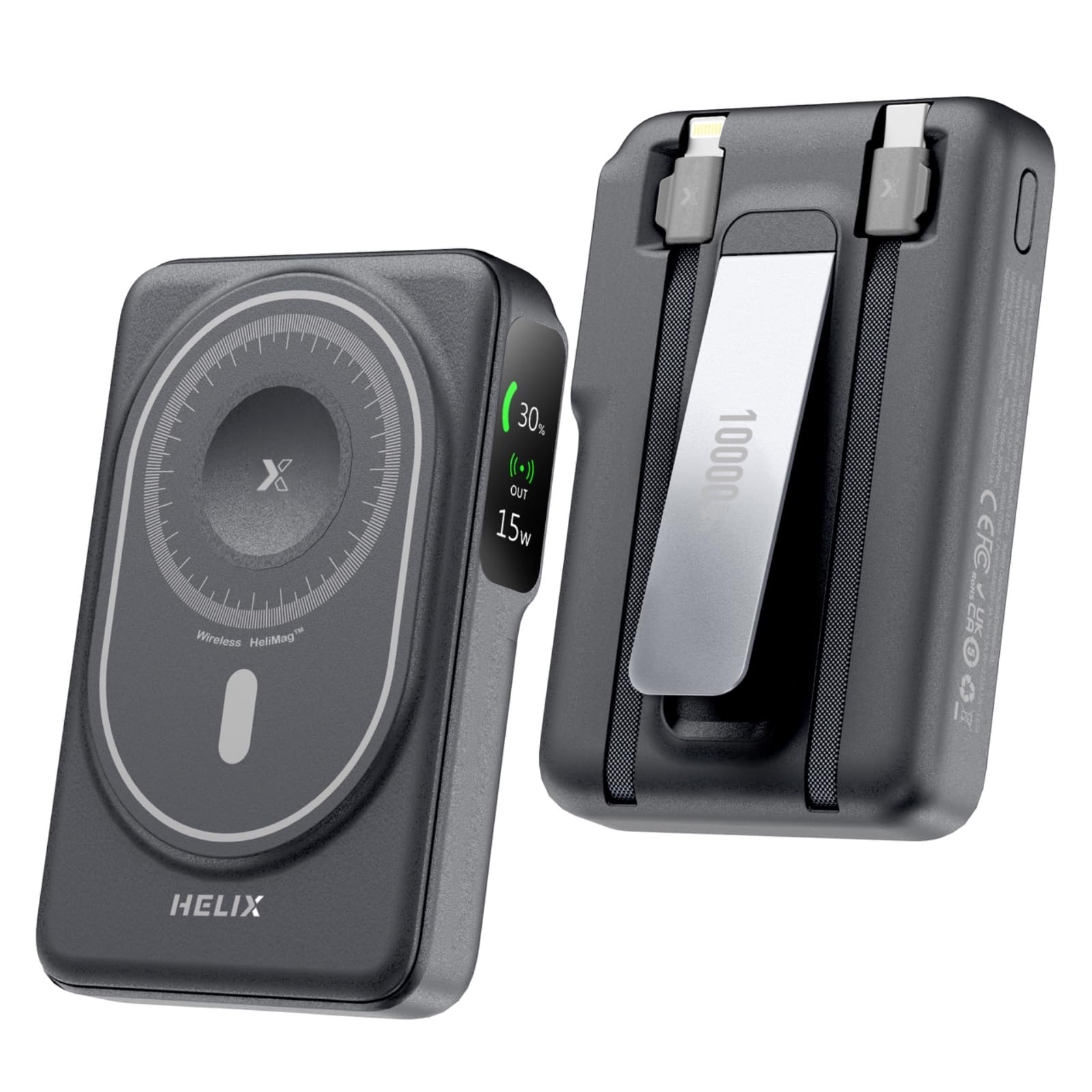 پاور بانک HELIX HELI-MAG 10,000mAh با 5 در یک MagSafe - شارژر بی‌سیم 15 وات، شارژر داخلی Apple Watch، نمایشگر LED، کابل‌های USB-C و Lightning داخلی، پایه قابل تنظیم - همه در یک شارژر قابل حمل - رنگ مشکی