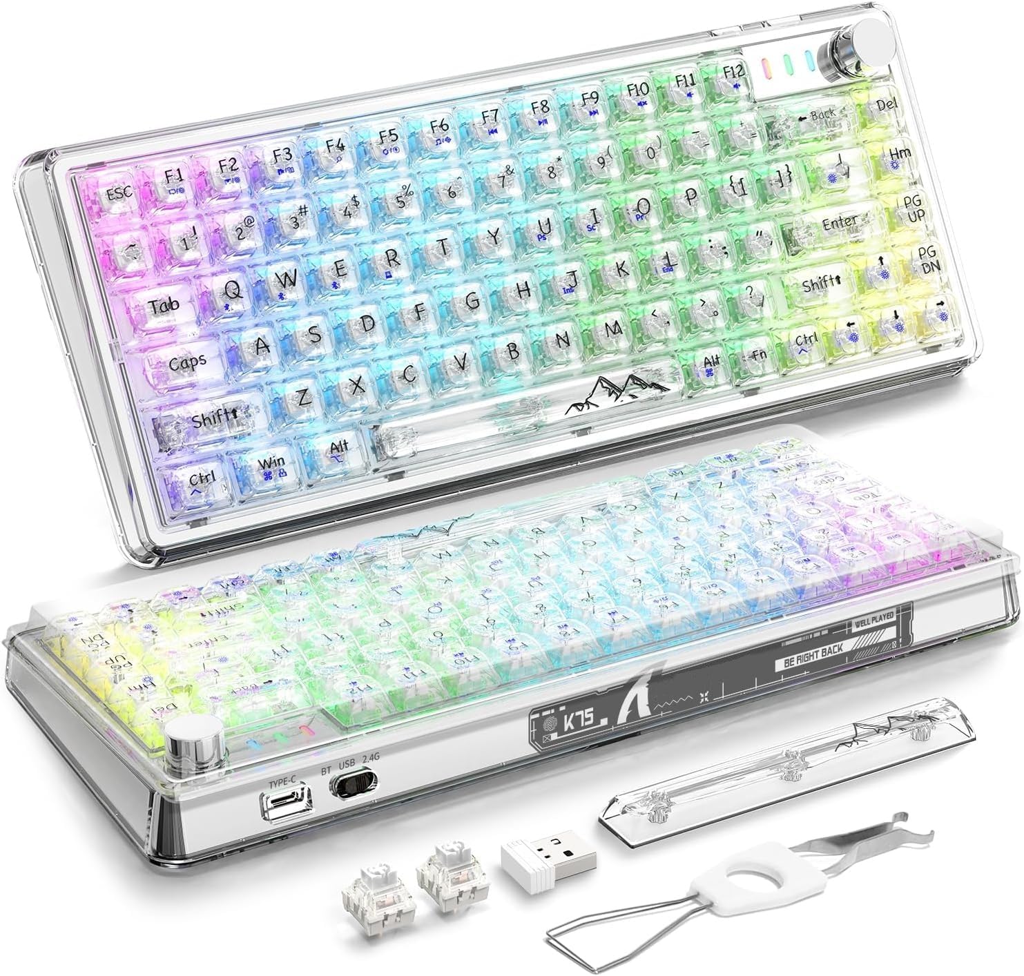 کیبورد مکانیکی سفارشی Azonee K75 PRO 75% با دسته‌ی متحرک، بافتنی TKL 82 کلید، قابلیت تعویض سریع کلیدها، کی‌کپ‌های شفاف، پشتیبانی از QMK/VIA، روشنایی RGB سفارشی، 2.4 گیگاهرتز/BT5.0/USB-C برای وین و مک
