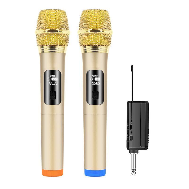 میکروفون بی‌سیم، میکروفون دوگانه دیجیتال حرکتی کویل، گیرنده قابل شارژ UHF، انتقال پایدار ۱۶۰ فوتی، پلاگ اند پلی، برای خواندن، کارائوکه، مهمانی، کنفرانس، کلیسا، عروسی، دی‌جی، مهمانی (طلایی)