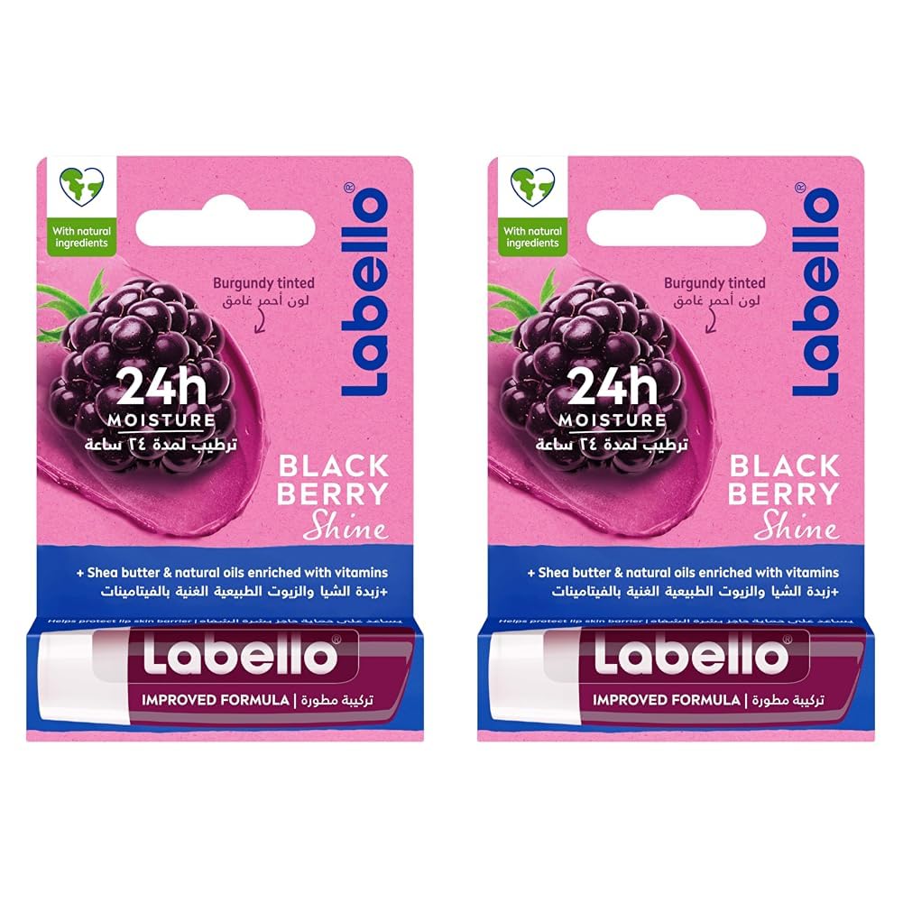 بالم لب Blackberry Shine از لیبلو، با روشنی 24 ساعته، با آب تکان‌نخوردنی و غنی از کره شی و روغن‌های طبیعی غنی شده از ویتامین‌ها، با مواد طبیعی، بدون روغن معدنی، 4.8 گرم (بسته‌ای 2 تایی)