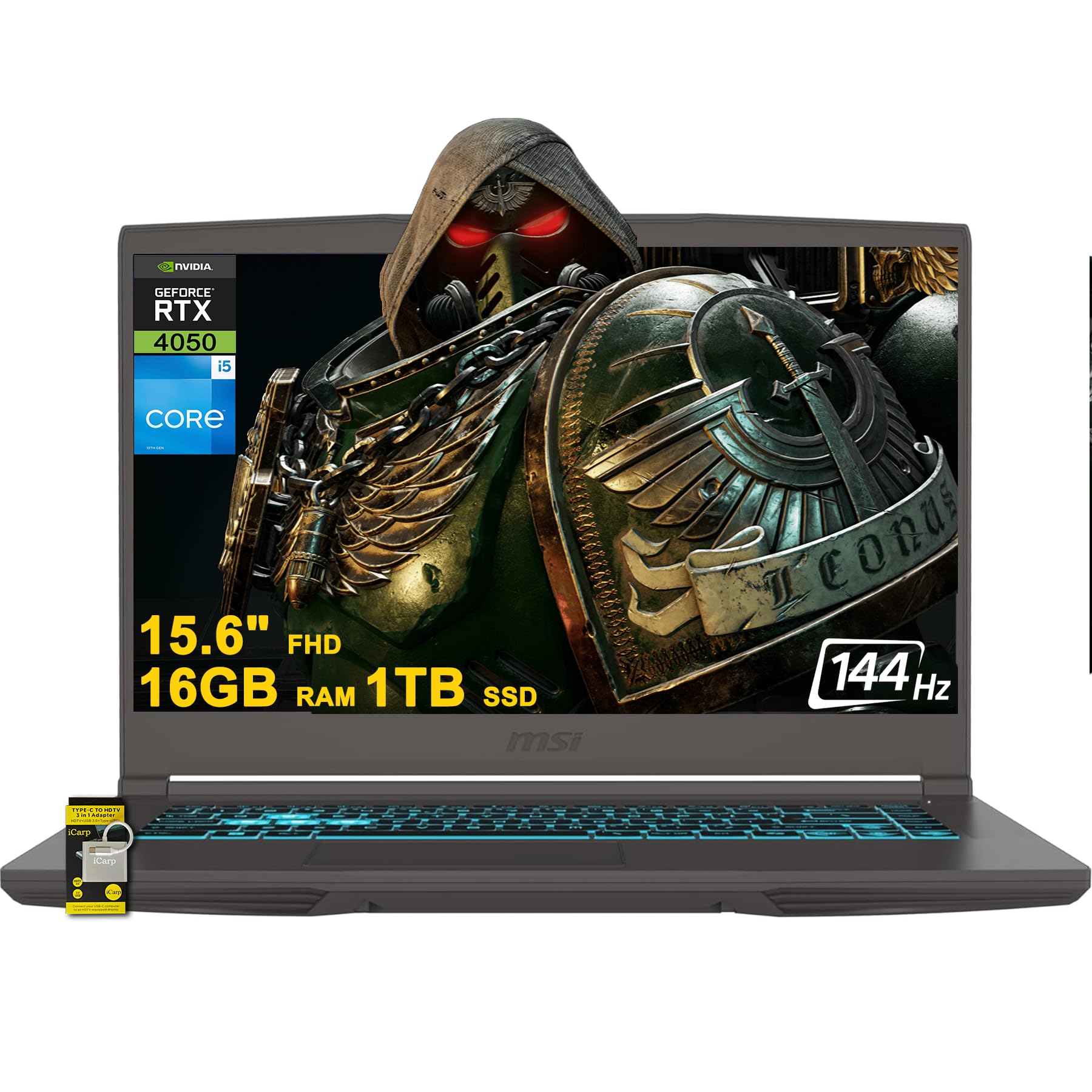 لپ تاپ بازی MSI Thin 15 با صفحه نمایش 15.6 اینچی FHD IPS، 144Hz، پردازنده 8 هسته‌ای Intel i5-13420H (برتر از i7-11800H)، 16GB رم، 1TB حافظه داخلی SSD، کارت گرافیک GeForce RTX 4050، پورت USB-C، صفحه کلید با نور پس‌زمینه، ویندوز 11 همراه با هاب ICP.